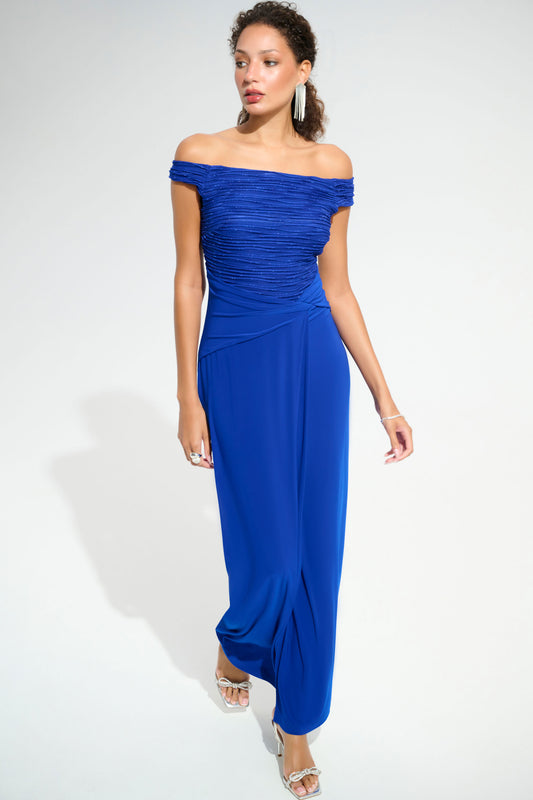 Joseph Ribkoff Silky Knit And Cascade Off-Shoulder Sheath Gown Royal Sapphire 261733-2922