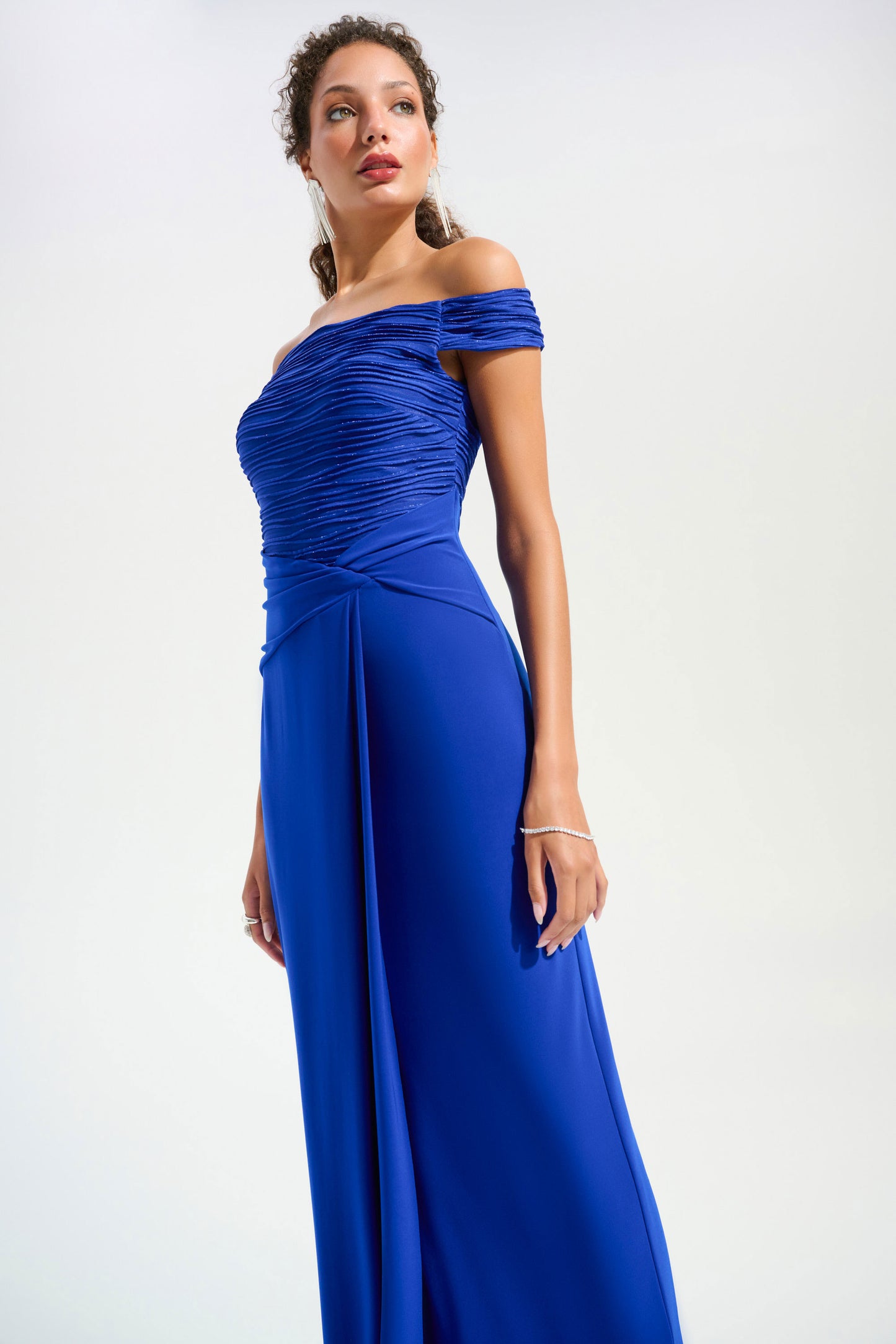 Joseph Ribkoff Silky Knit And Cascade Off-Shoulder Sheath Gown Royal Sapphire 261733-2922