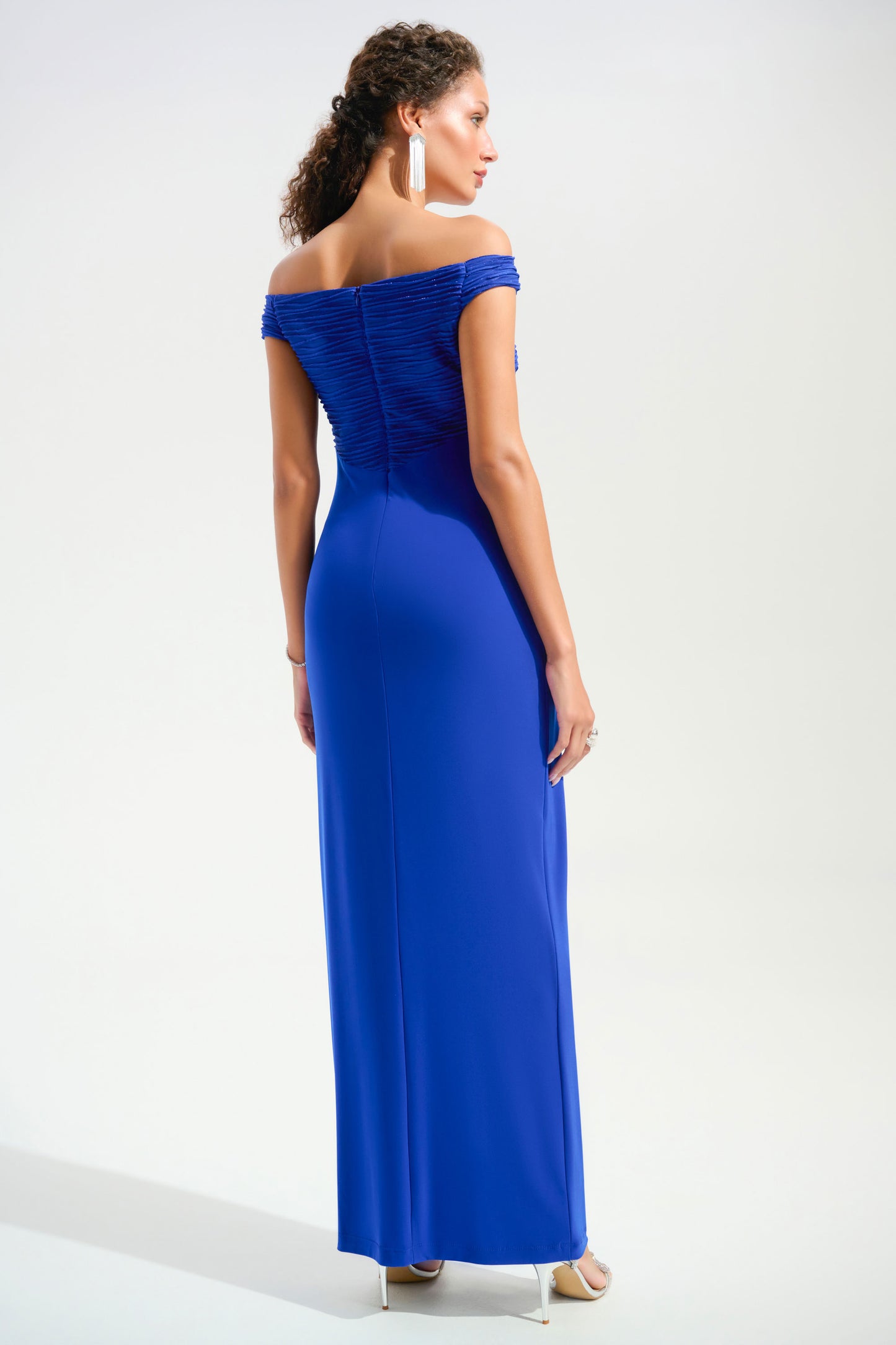 Joseph Ribkoff Silky Knit And Cascade Off-Shoulder Sheath Gown Royal Sapphire 261733-2922