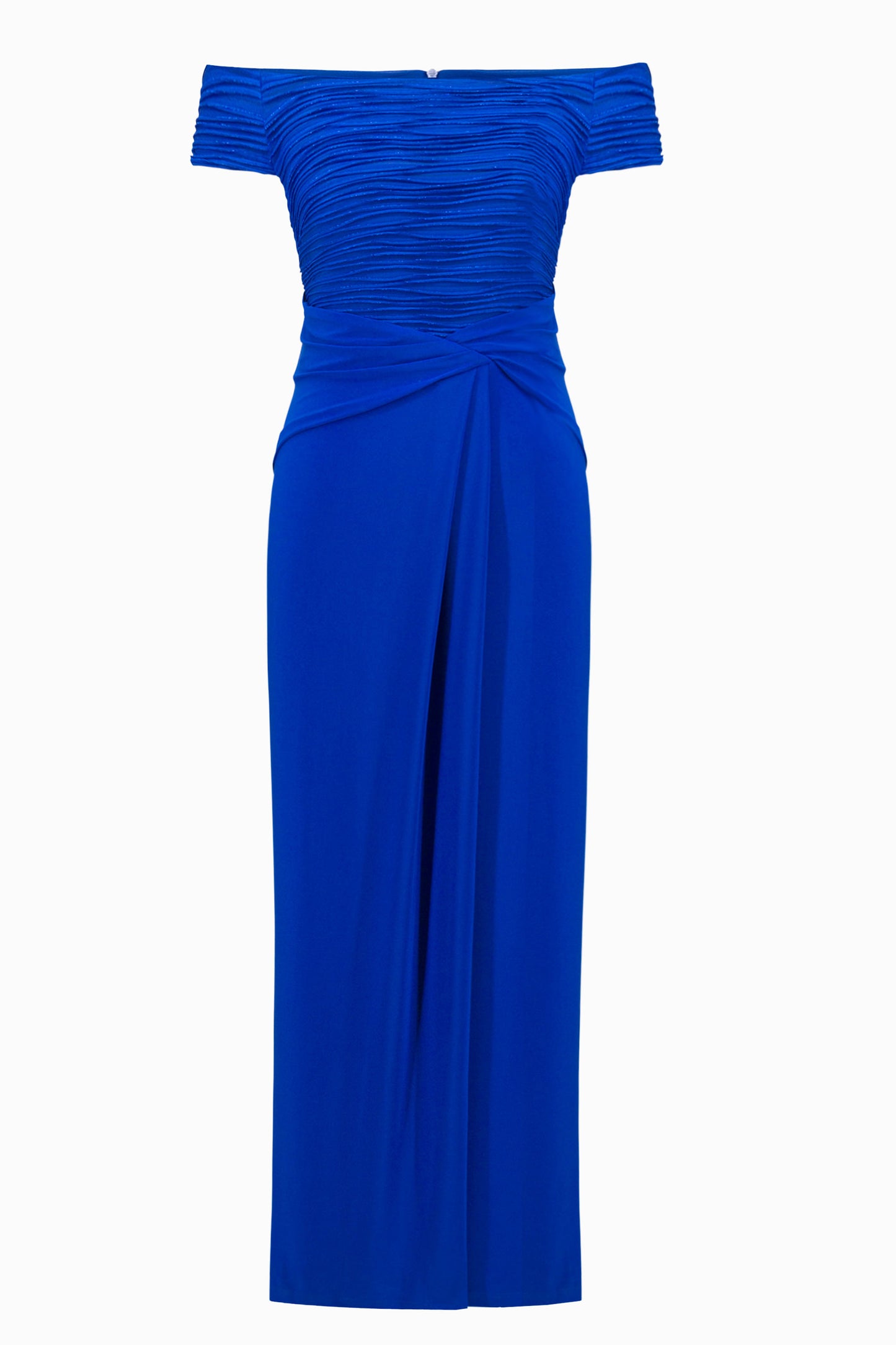 Joseph Ribkoff Silky Knit And Cascade Off-Shoulder Sheath Gown Royal Sapphire 261733-2922