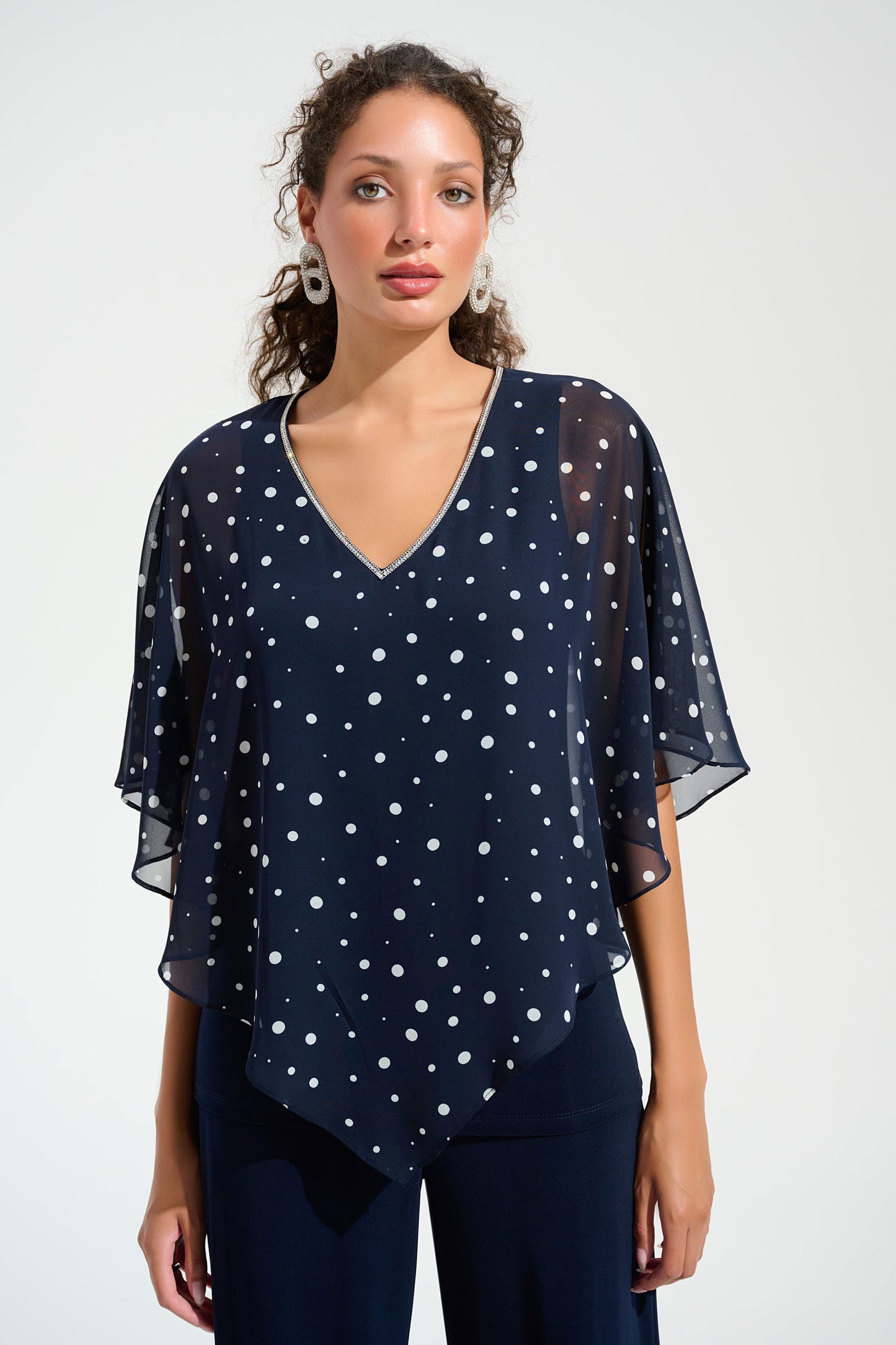 Joseph Ribkoff Silky Knit Dot Print Poncho With Rhinestones Trim Midnight Blue/Vanilla 261766-2229