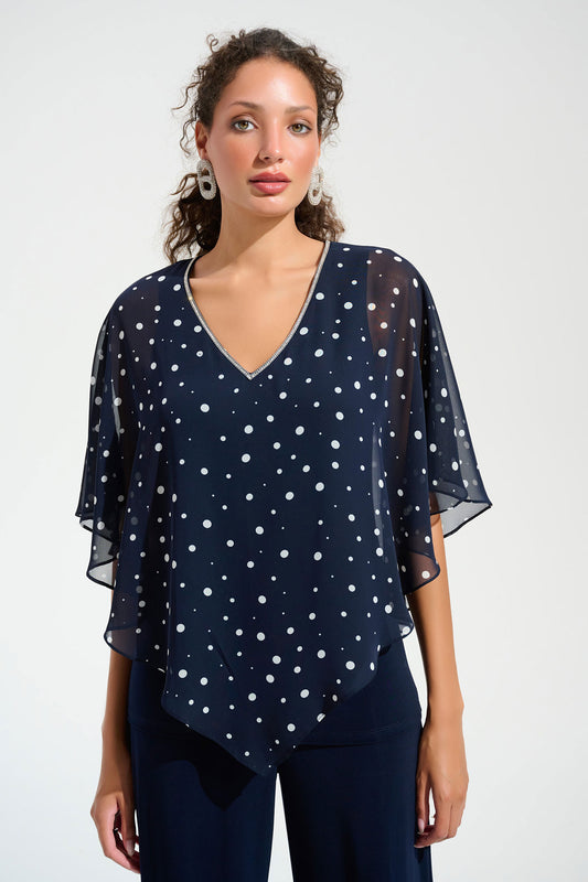 Joseph Ribkoff Silky Knit Dot Print Poncho With Rhinestones Trim Midnight Blue/Vanilla 261766-2229