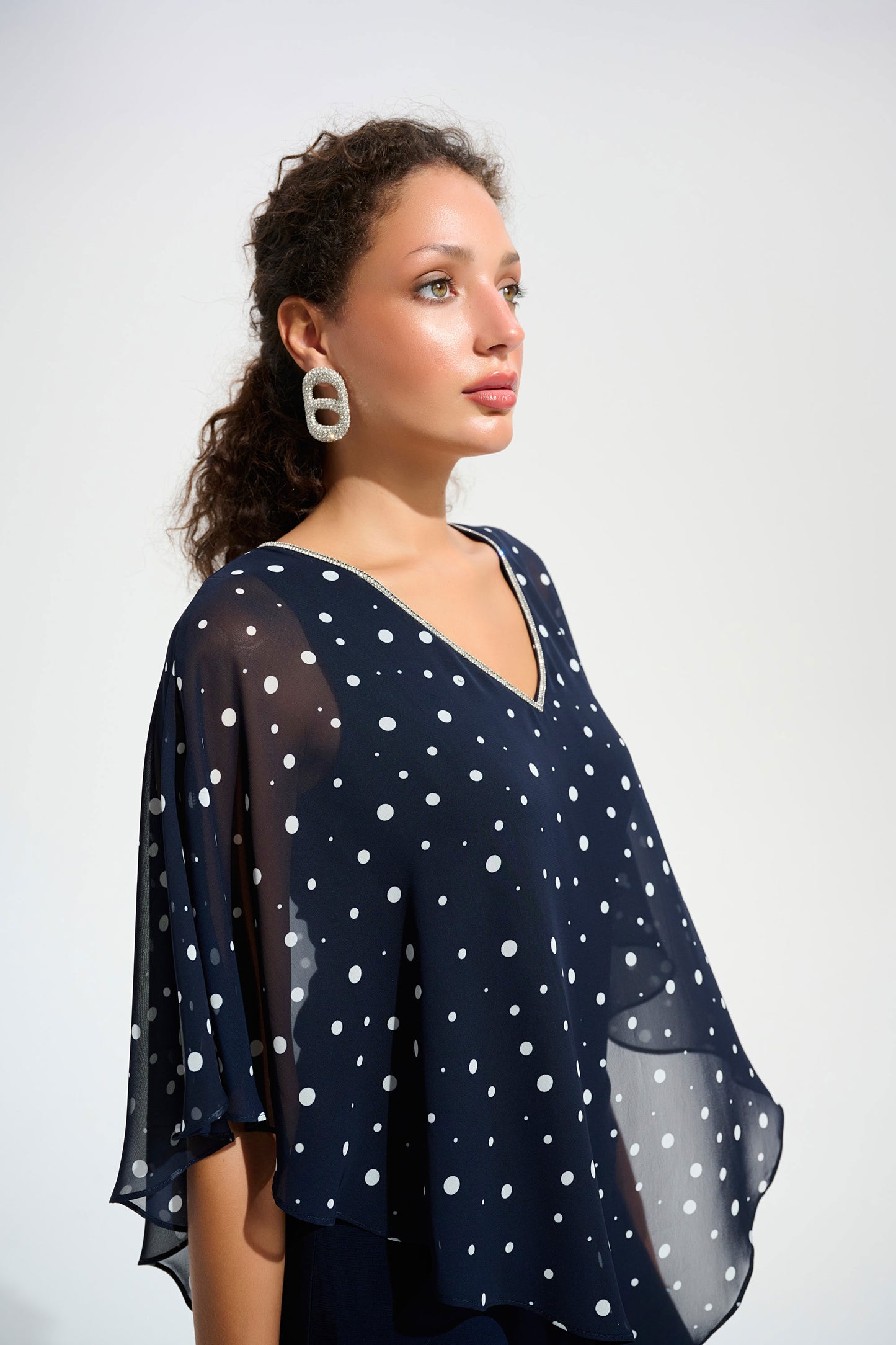 Joseph Ribkoff Silky Knit Dot Print Poncho With Rhinestones Trim Midnight Blue/Vanilla 261766-2229