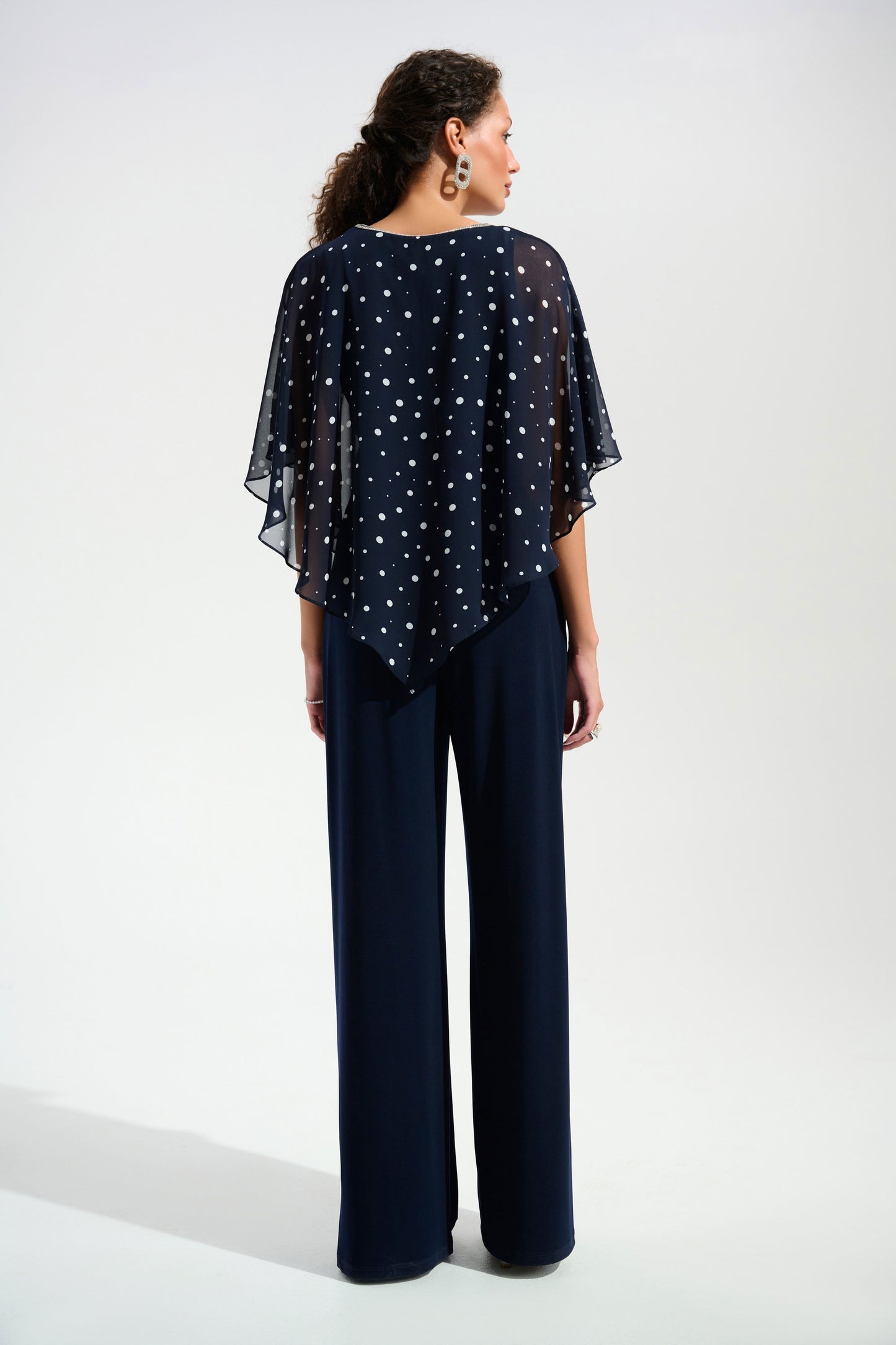 Joseph Ribkoff Silky Knit Dot Print Poncho With Rhinestones Trim Midnight Blue/Vanilla 261766-2229