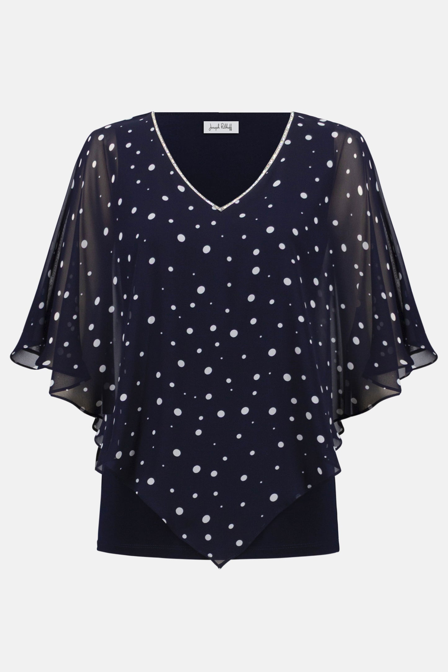 Joseph Ribkoff Silky Knit Dot Print Poncho With Rhinestones Trim Midnight Blue/Vanilla 261766-2229