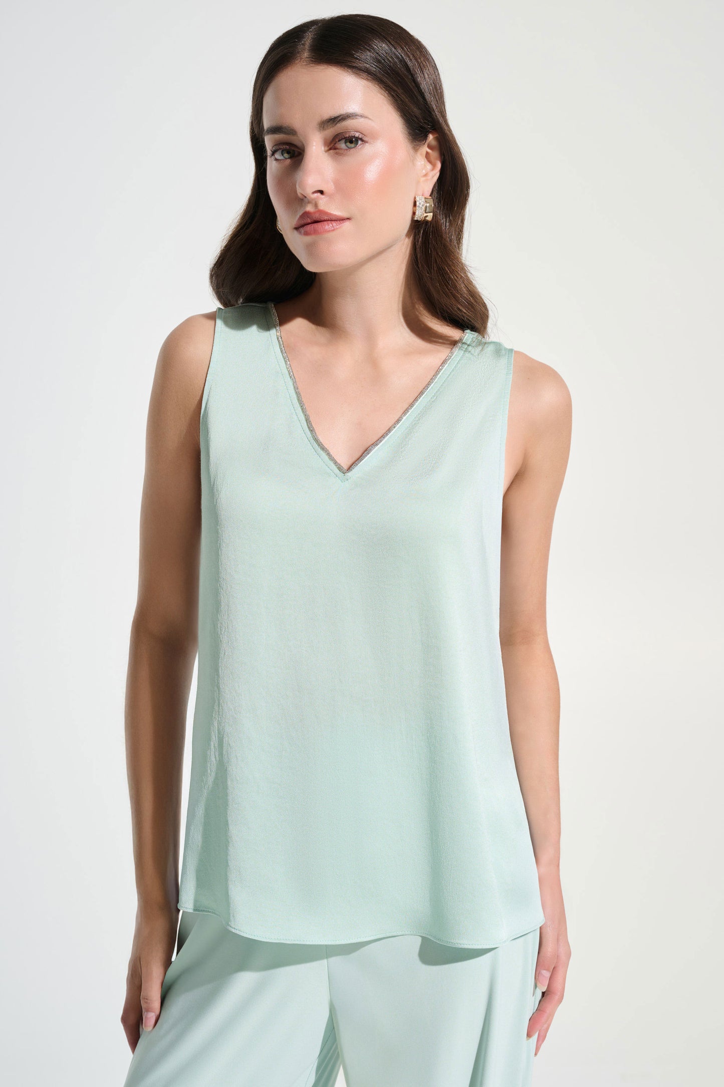 Joseph Ribkoff Recycled Satin Straight Top With Rhinestones Trim Pistachio 26178-4526