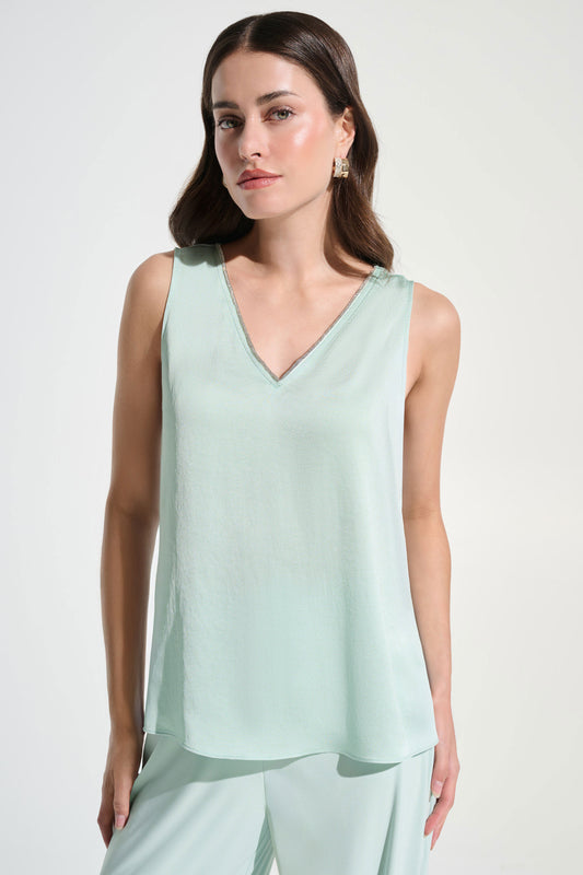 Joseph Ribkoff Recycled Satin Straight Top With Rhinestones Trim Pistachio 26178-4526