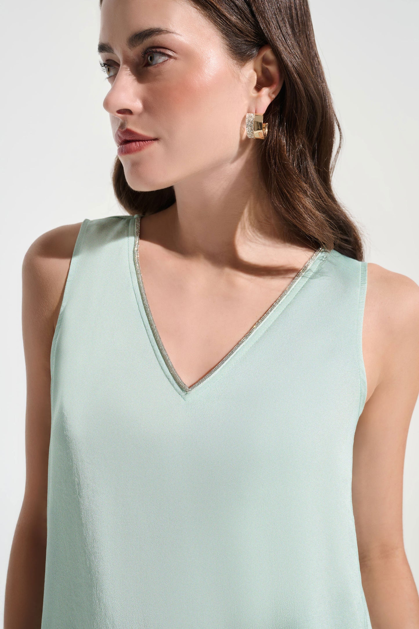 Joseph Ribkoff Recycled Satin Straight Top With Rhinestones Trim Pistachio 26178-4526