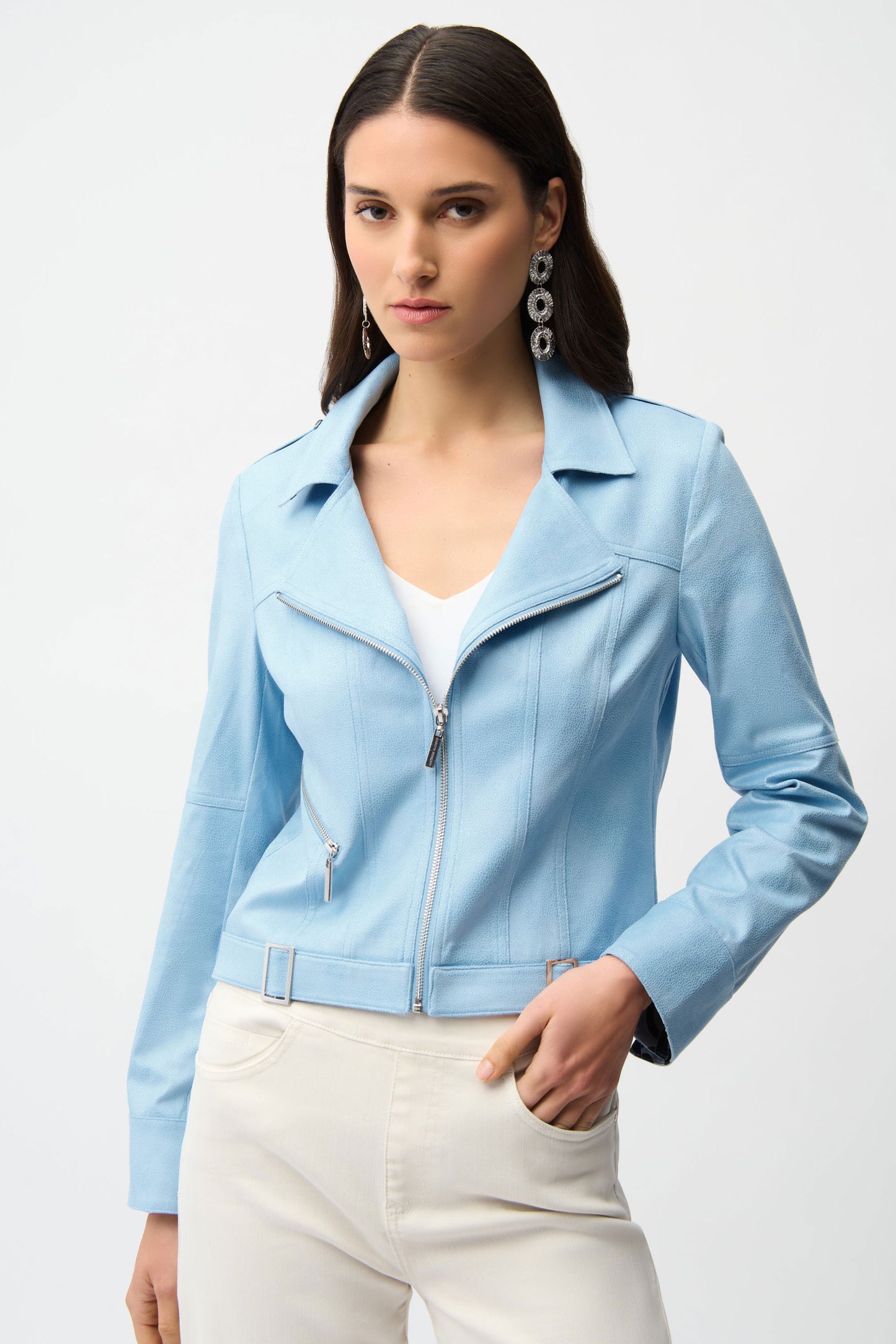 Joseph Ribkoff Foiled Faux Suede Fitted Jacket with Decorative Buckles Sky Blue 261910-4373