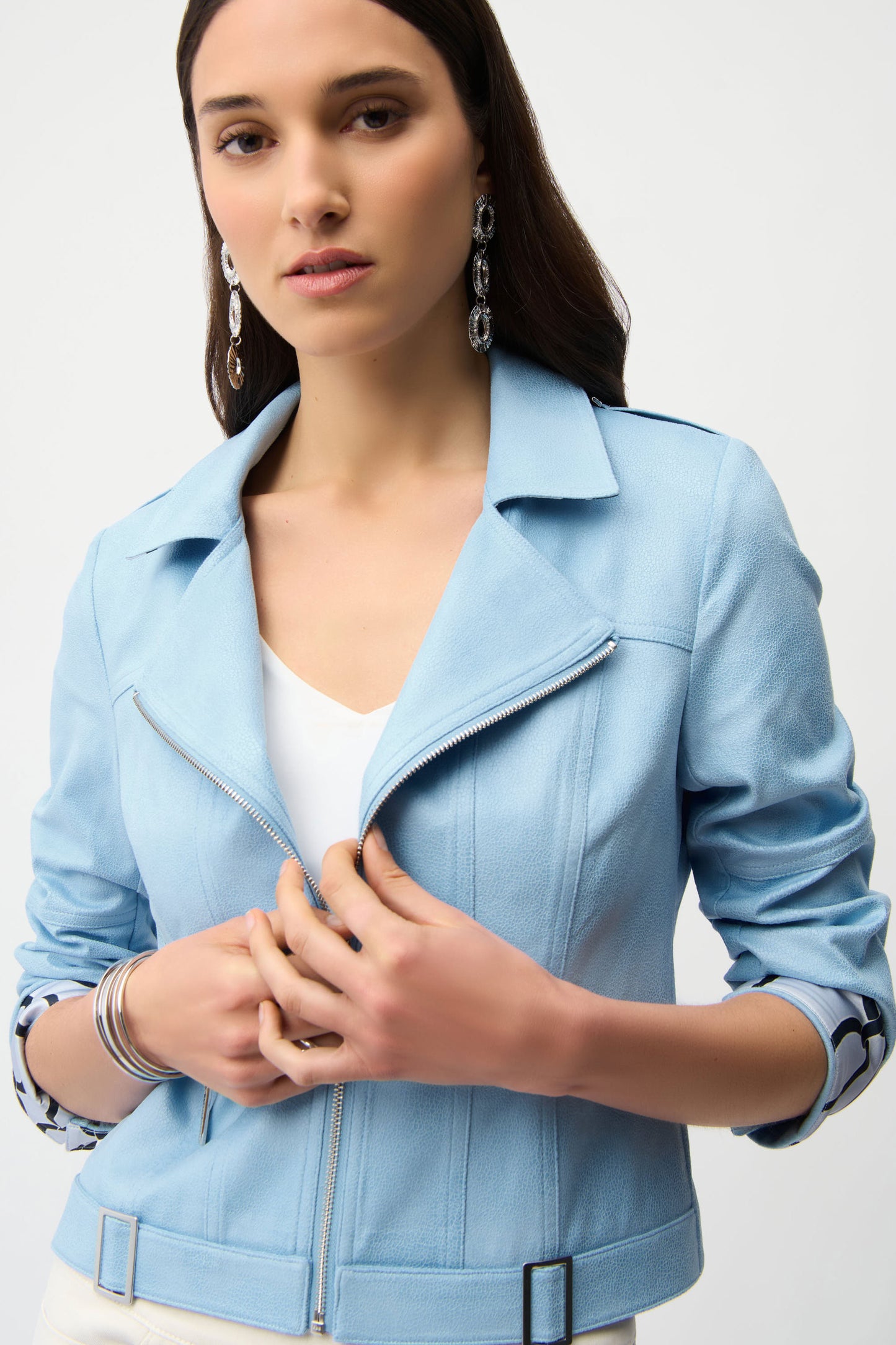 Joseph Ribkoff Foiled Faux Suede Fitted Jacket with Decorative Buckles Sky Blue 261910-4373