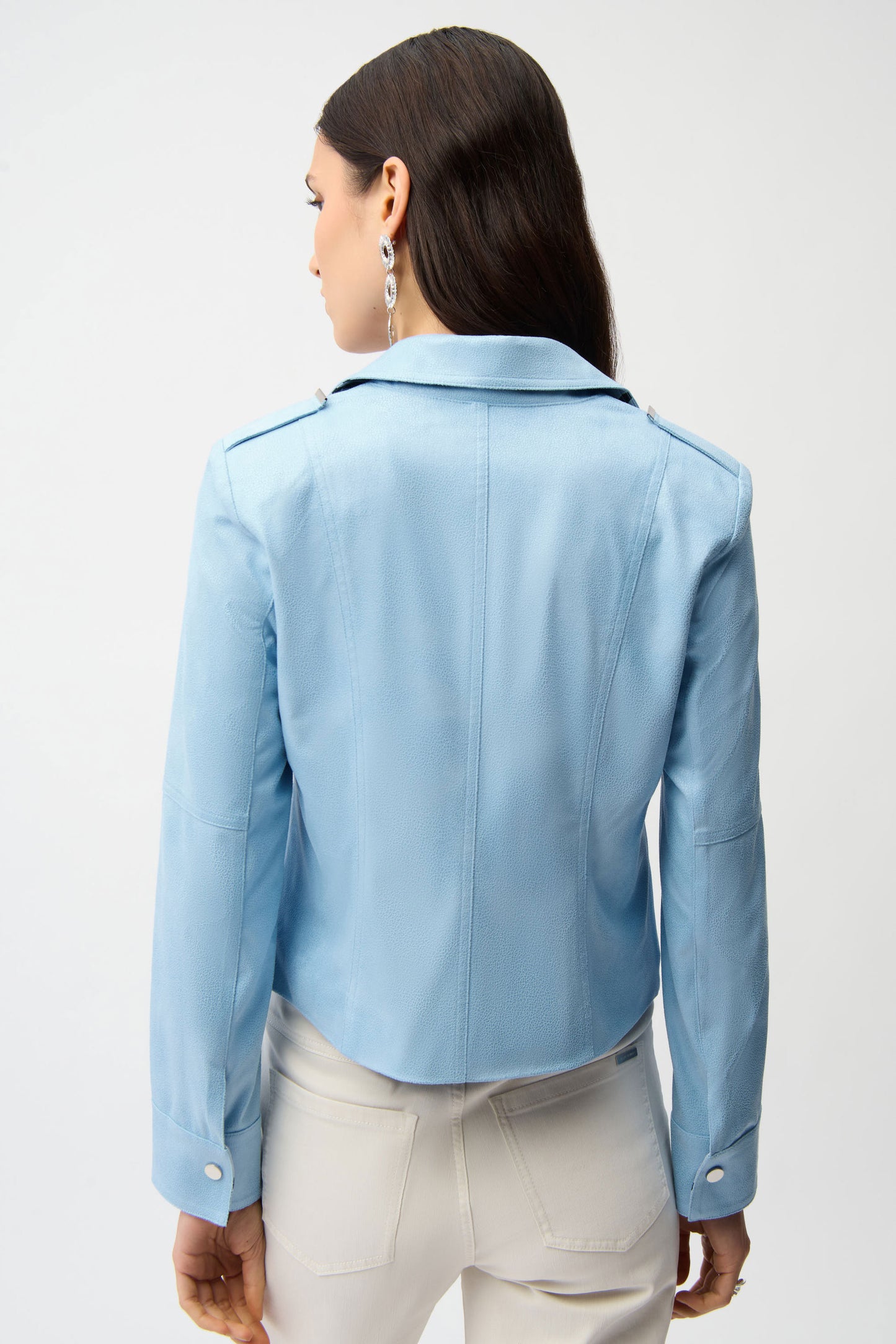 Joseph Ribkoff Foiled Faux Suede Fitted Jacket with Decorative Buckles Sky Blue 261910-4373