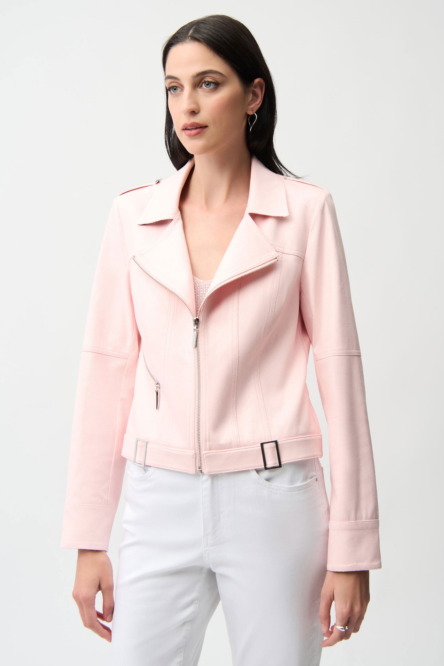 Joseph Ribkoff Foiled Faux Suede Fitted Jacket with Decorative Buckles Petal Pink 261910-4475