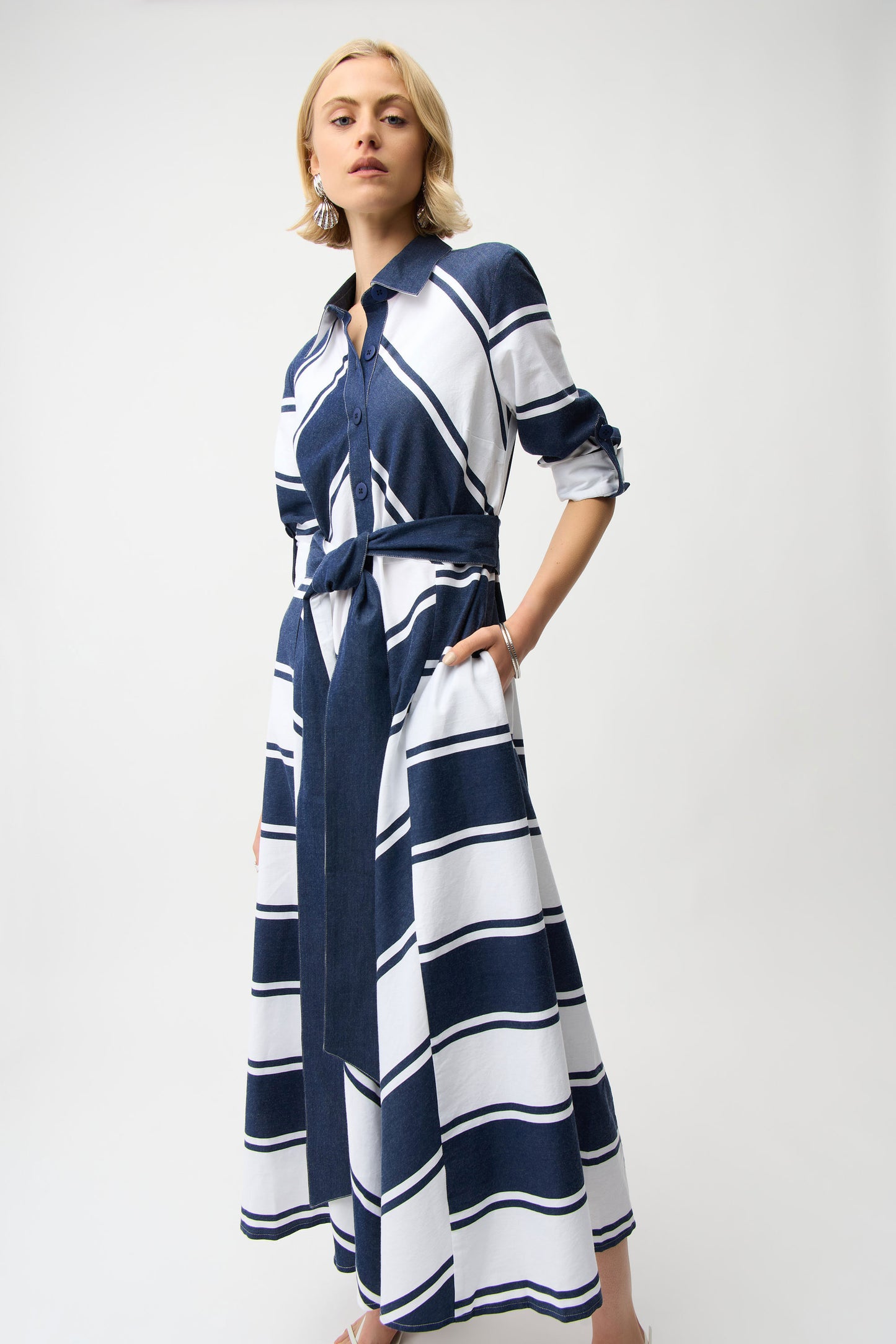 Joseph Ribkoff Stripe Fit & Flare Shirt Dress with Reversible Sash Navy/White 261936-299