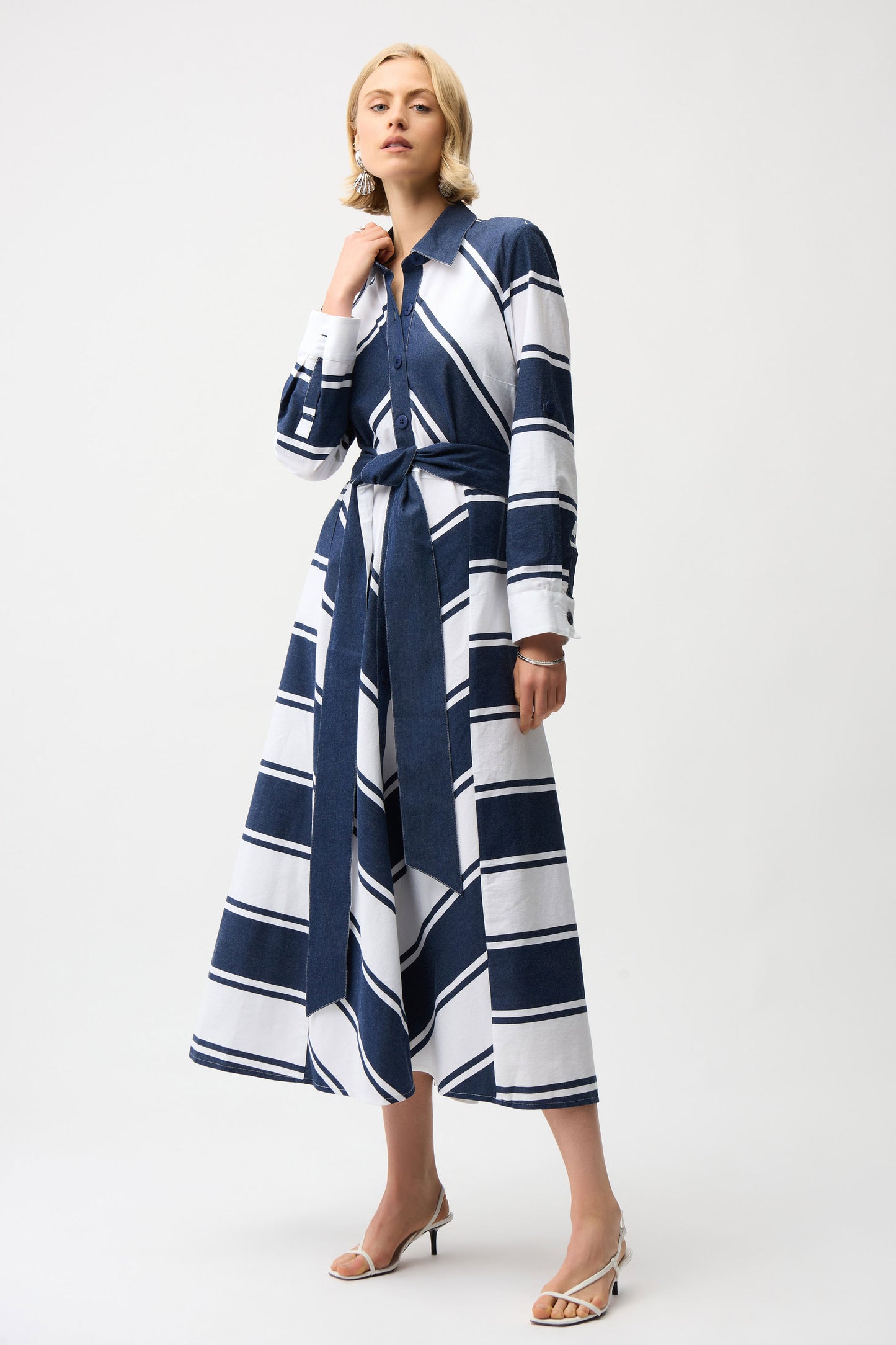 Joseph Ribkoff Stripe Fit & Flare Shirt Dress with Reversible Sash Navy/White 261936-299