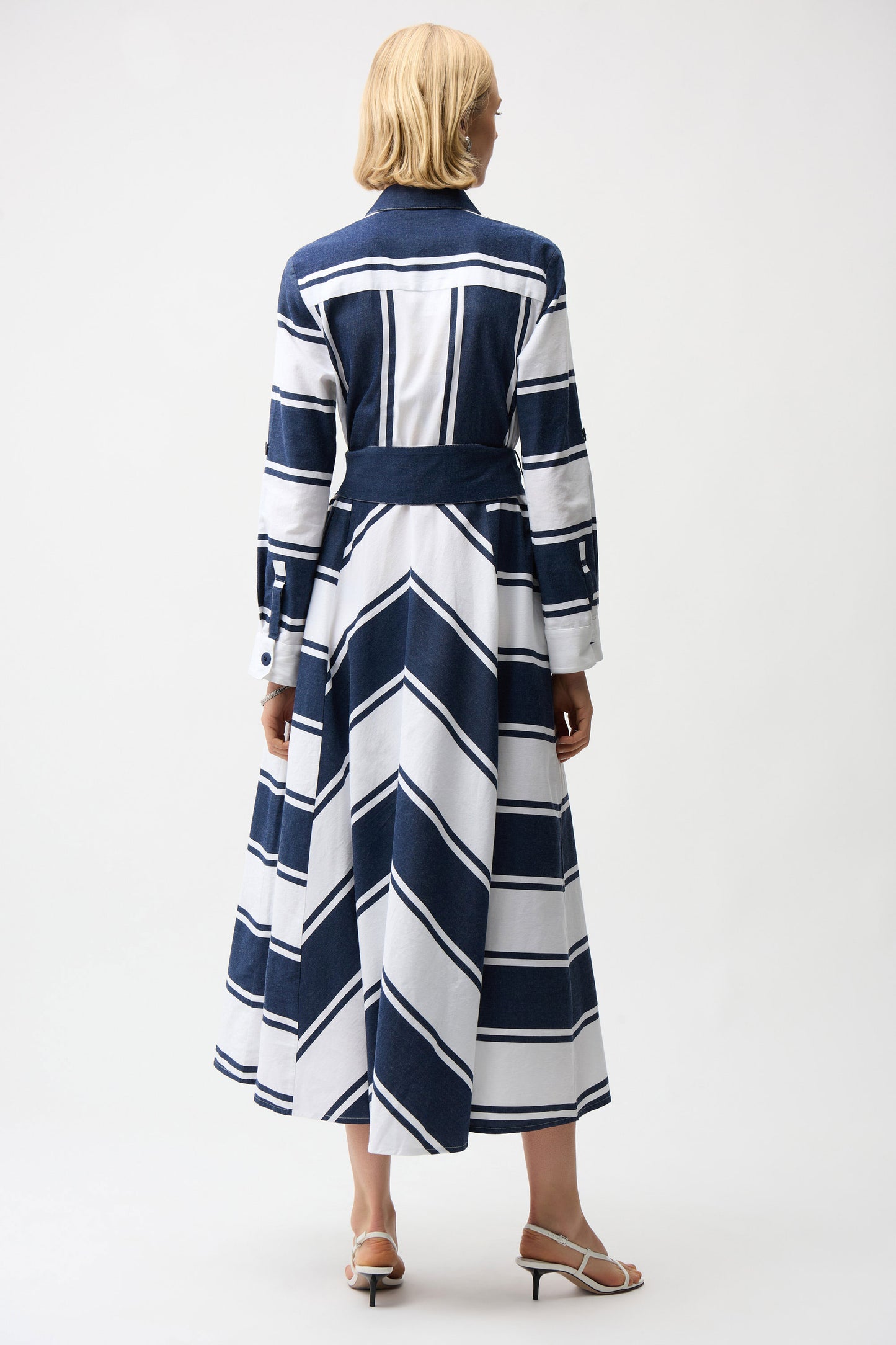 Joseph Ribkoff Stripe Fit & Flare Shirt Dress with Reversible Sash Navy/White 261936-299