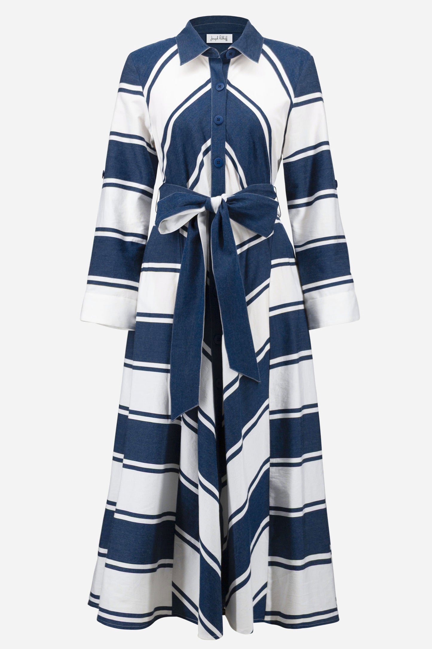 Joseph Ribkoff Stripe Fit & Flare Shirt Dress with Reversible Sash Navy/White 261936-299