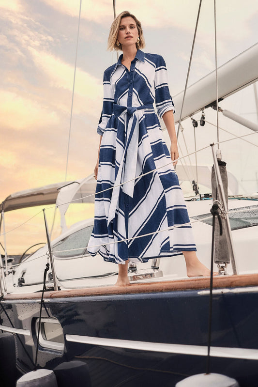 Joseph Ribkoff Stripe Fit & Flare Shirt Dress with Reversible Sash Navy/White 261936-299