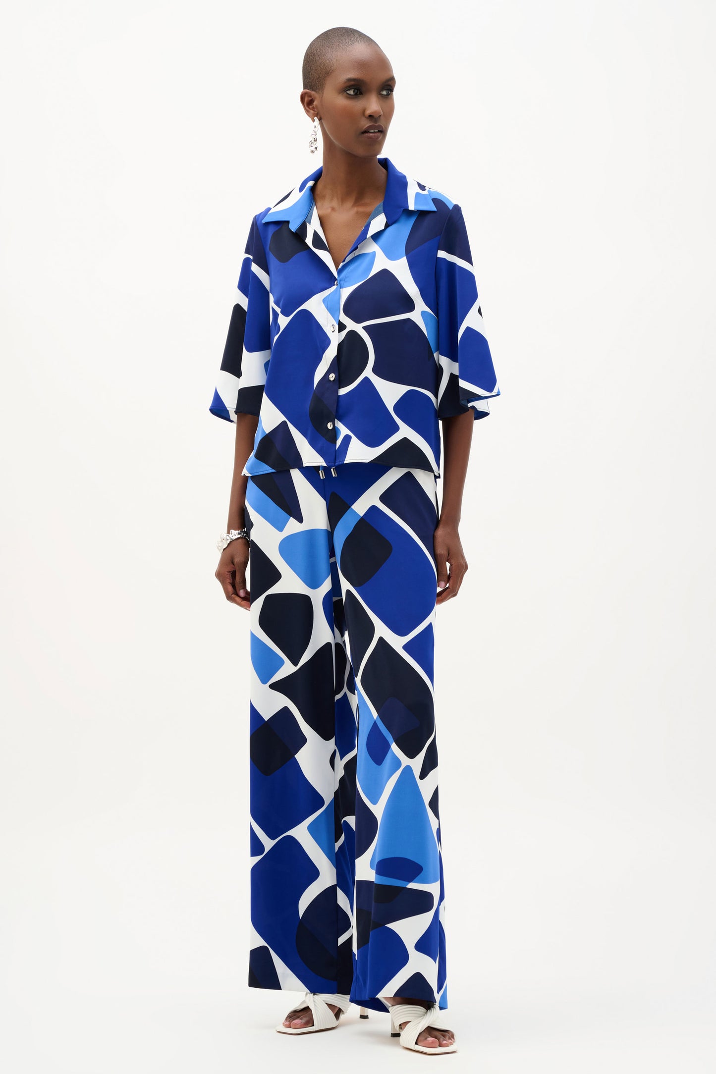 Joseph Ribkoff Recycled Woven Geometric Print Straight Blouse Vanilla/Blue 262154-4473