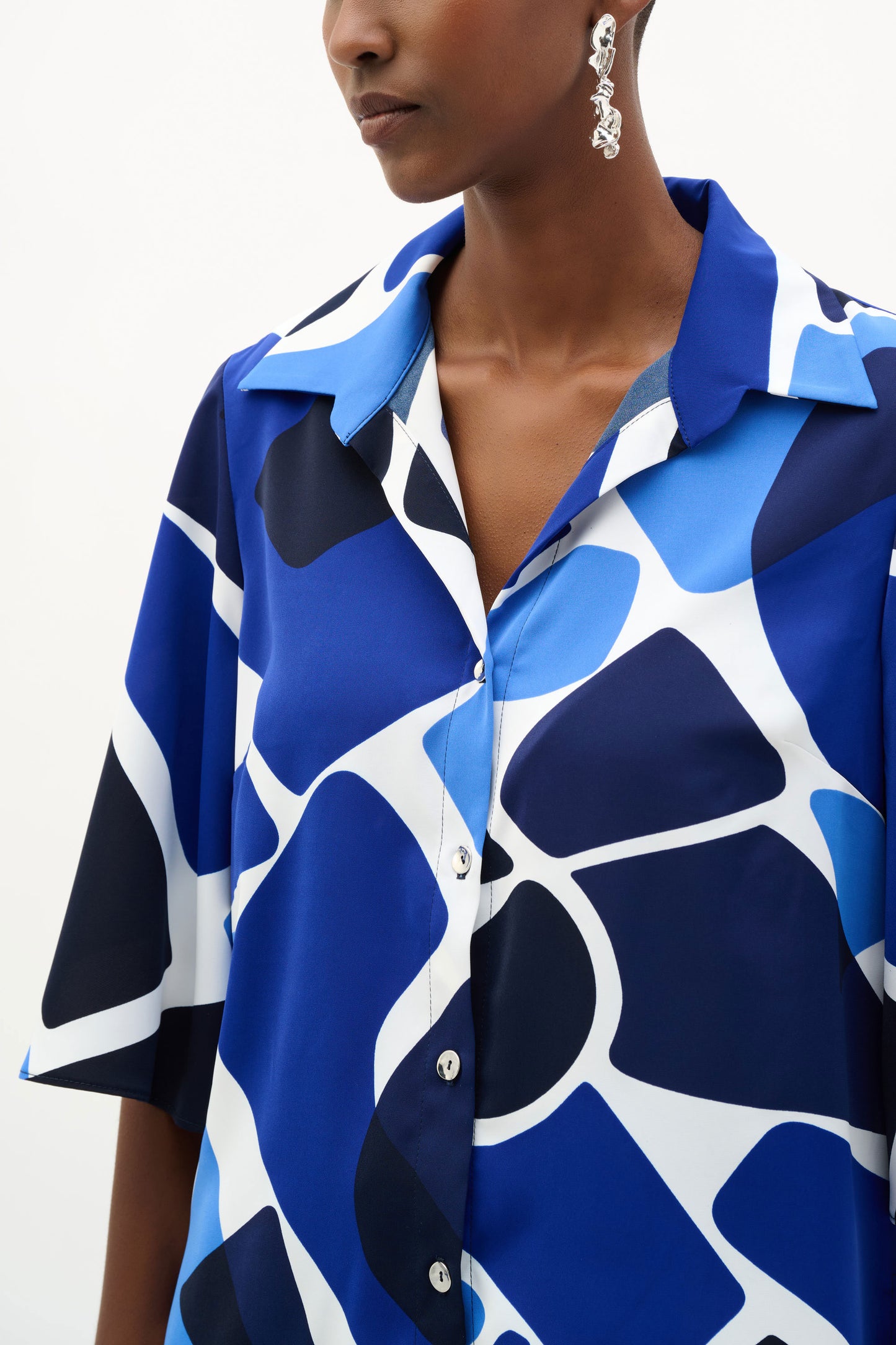 Joseph Ribkoff Recycled Woven Geometric Print Straight Blouse Vanilla/Blue 262154-4473