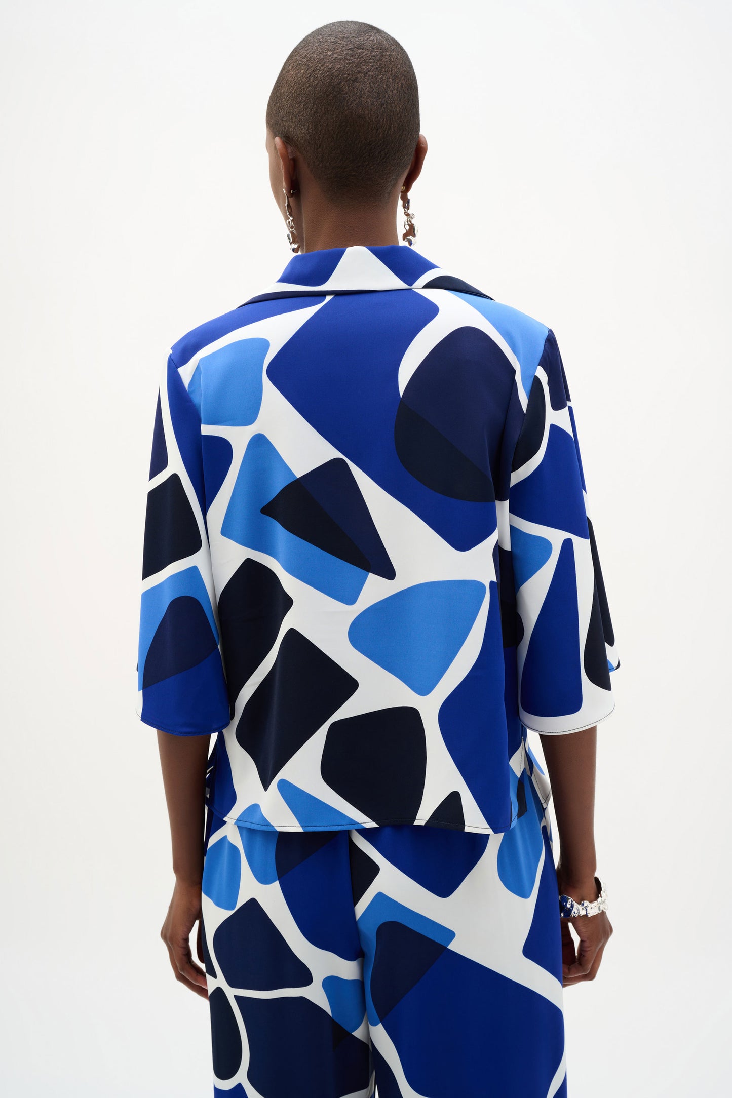 Joseph Ribkoff Recycled Woven Geometric Print Straight Blouse Vanilla/Blue 262154-4473