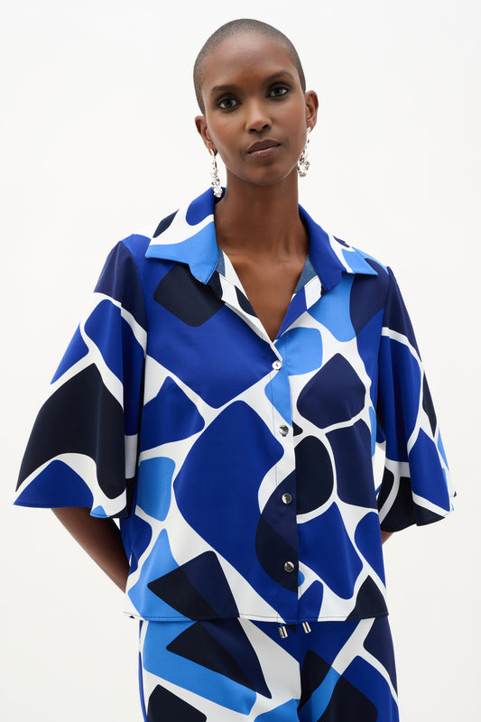 Joseph Ribkoff Recycled Woven Geometric Print Straight Blouse Vanilla/Blue 262154-4473