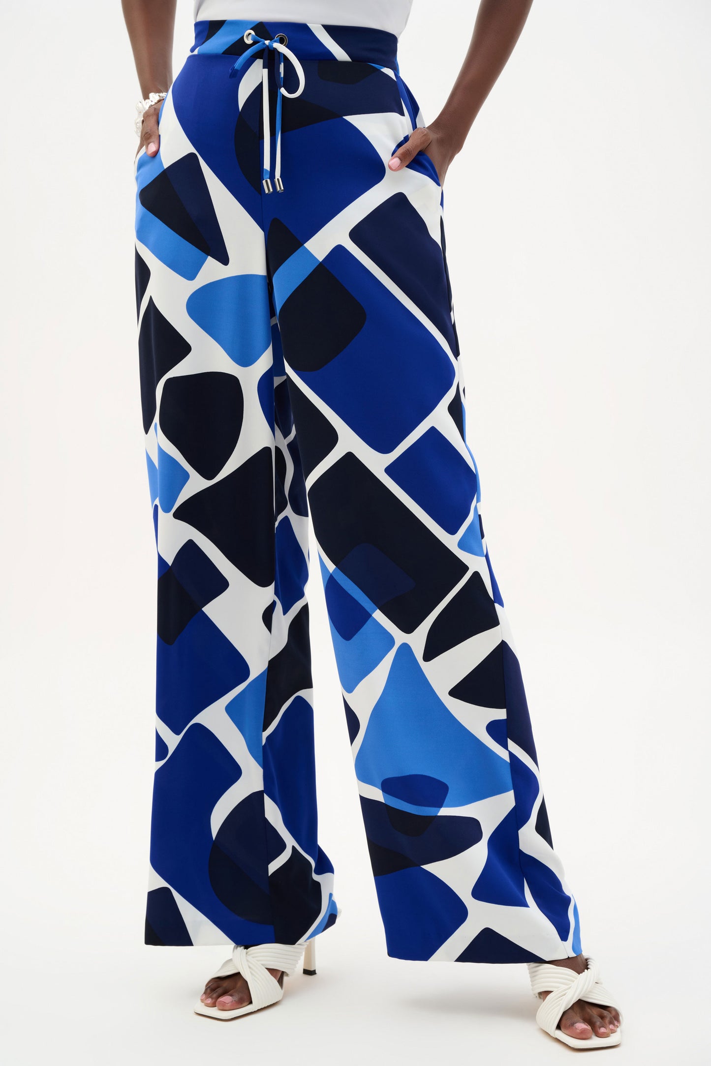 Joseph Ribkoff Recycled Woven Geometric Print Wide Leg Pull-On Pants Vanilla/Blue 262155-4473