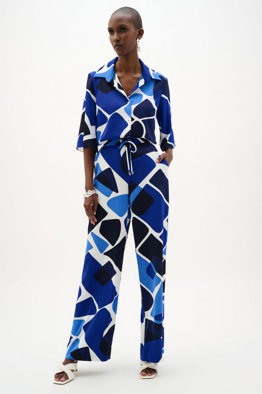 Joseph Ribkoff Recycled Woven Geometric Print Wide Leg Pull-On Pants Vanilla/Blue 262155-4473