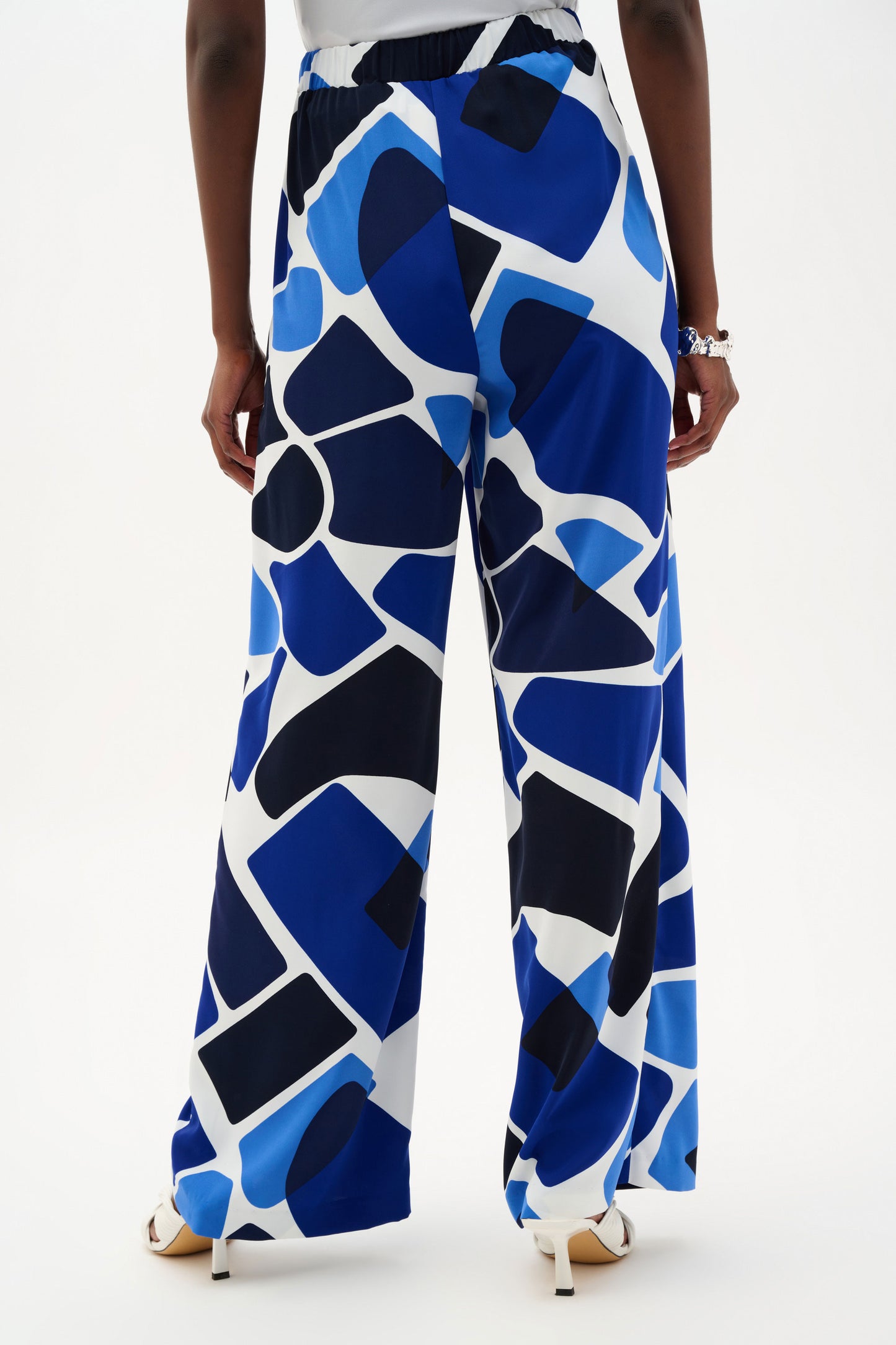 Joseph Ribkoff Recycled Woven Geometric Print Wide Leg Pull-On Pants Vanilla/Blue 262155-4473