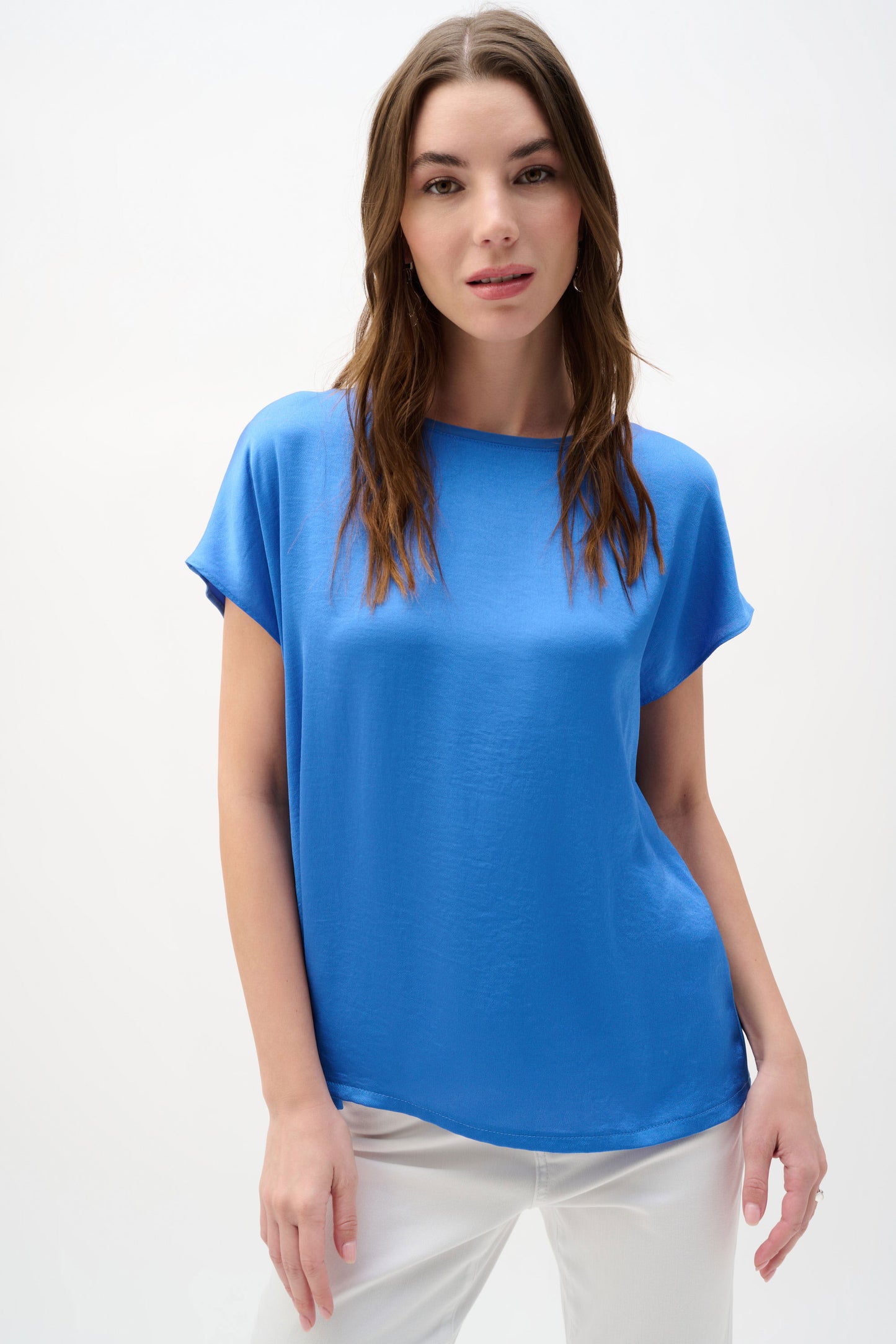Joseph Ribkoff Recycled Satin & Silky Knit Straight Top Harbour Blue 262189-3849