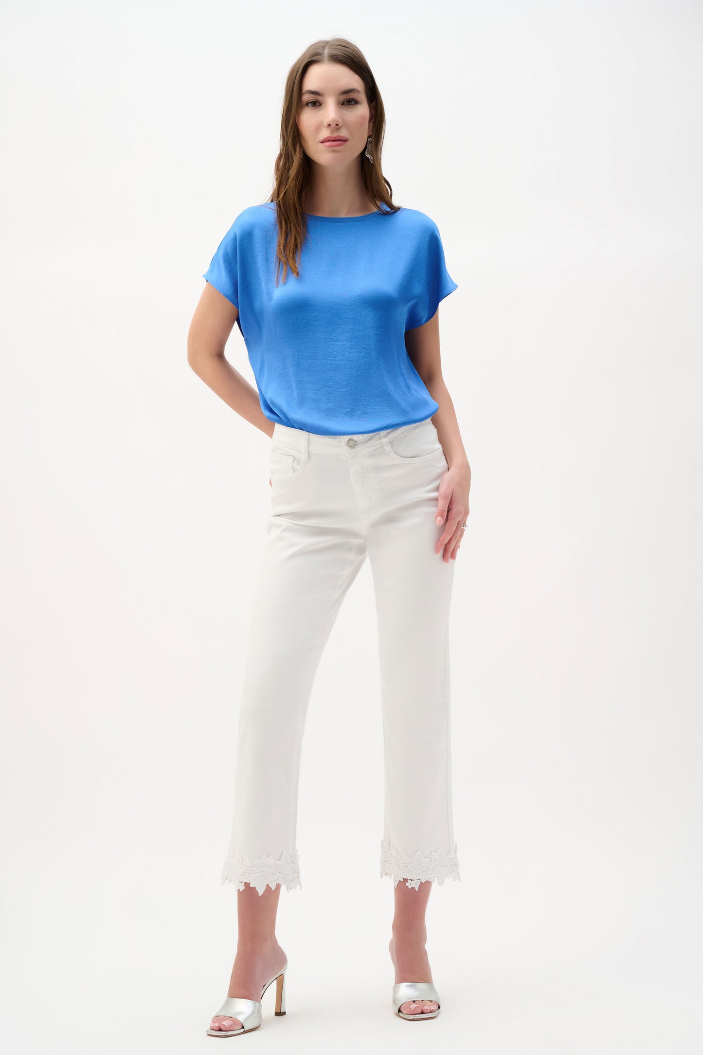 Joseph Ribkoff Recycled Satin & Silky Knit Straight Top Harbour Blue 262189-3849