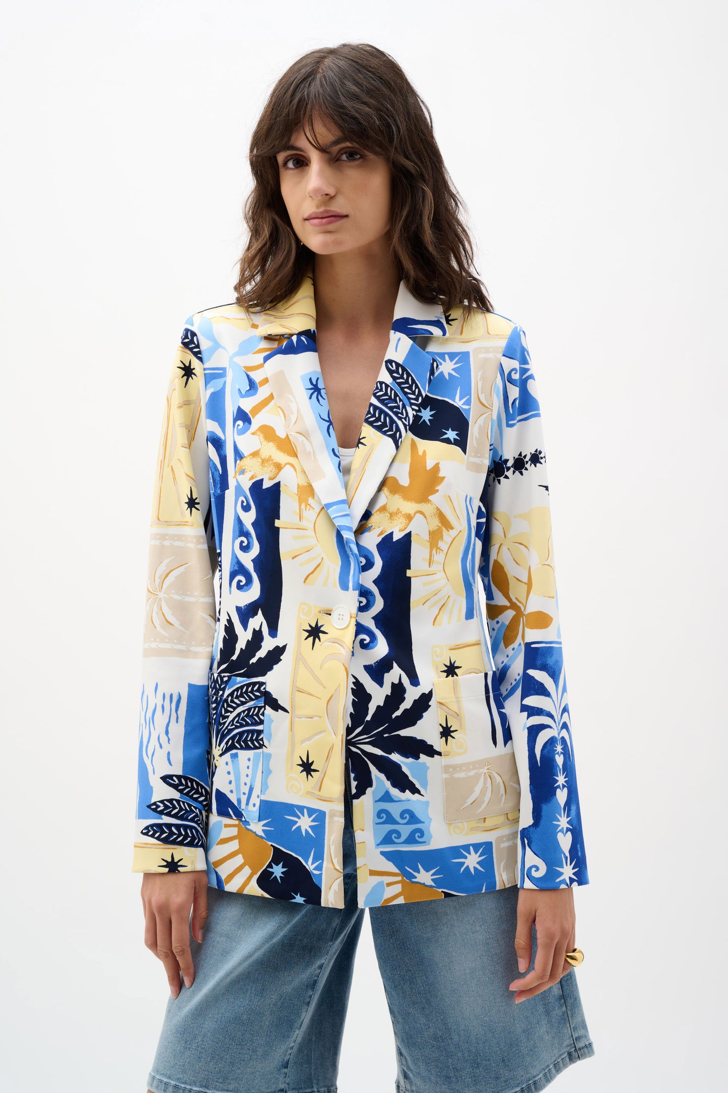 Joseph Ribkoff Silky Knit Tropical Print Fitted Blazer Vanilla/Multi 262232-2539