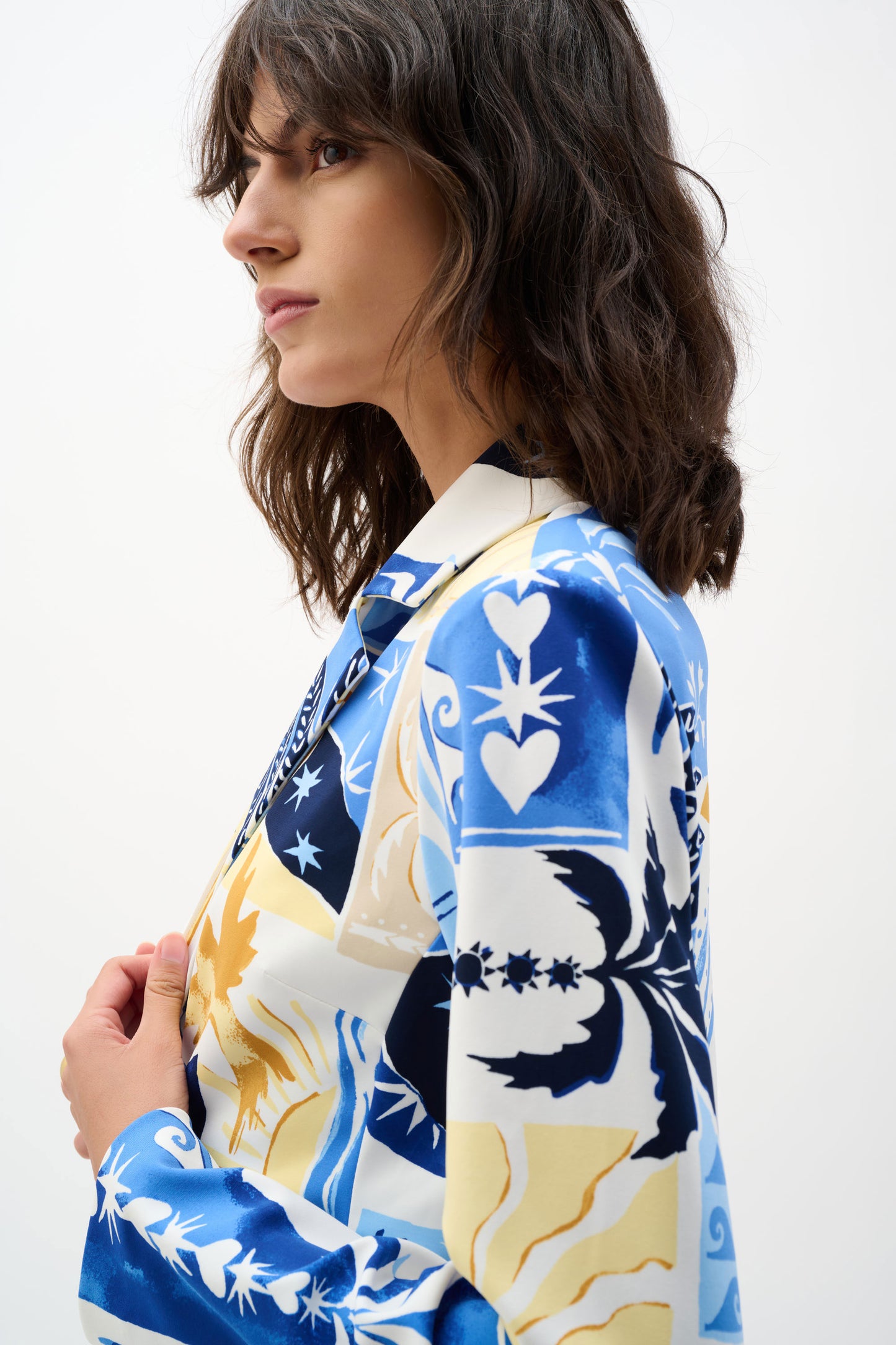 Joseph Ribkoff Silky Knit Tropical Print Fitted Blazer Vanilla/Multi 262232-2539