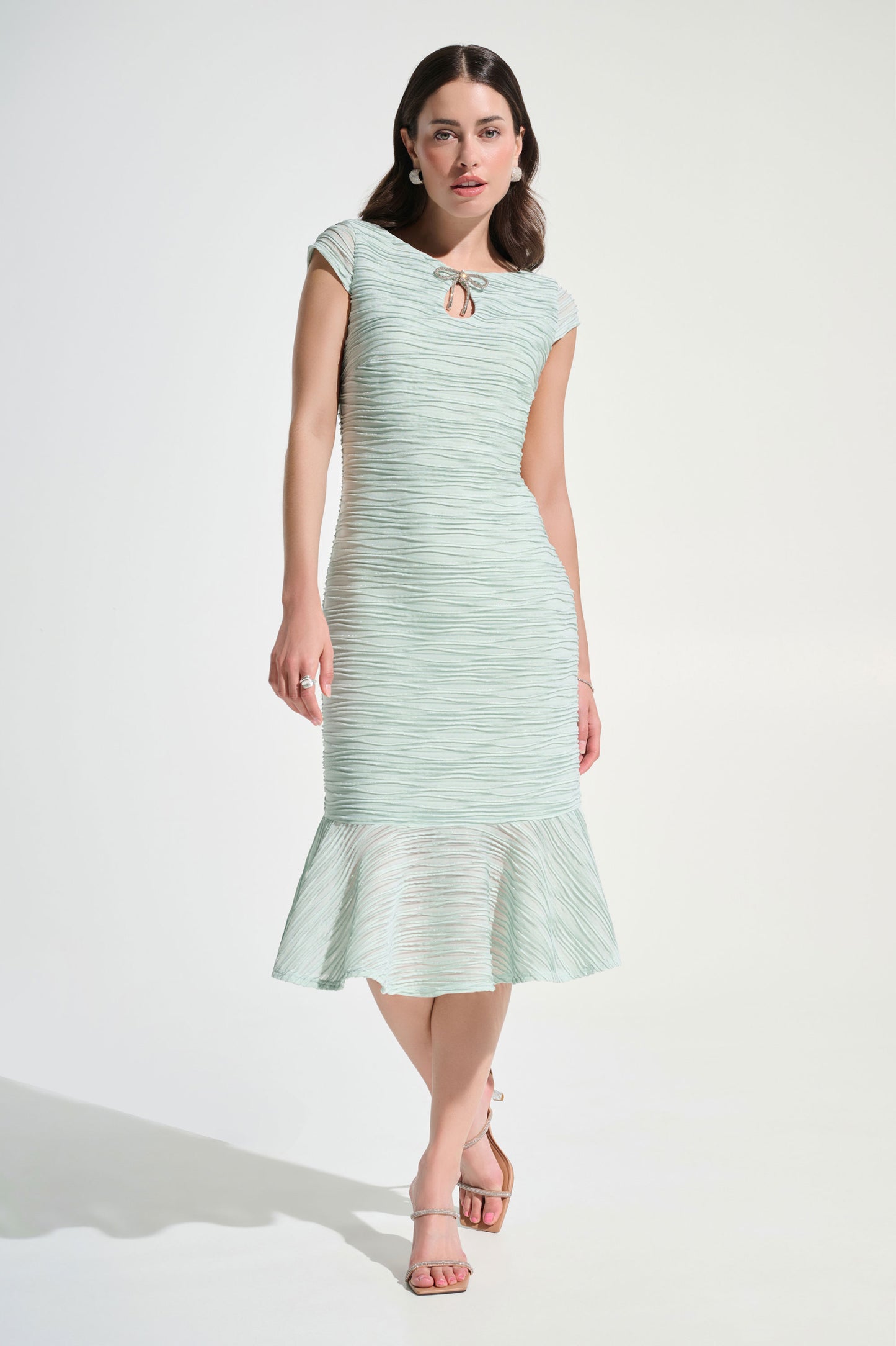 Joseph Ribkoff Lurex Cascade Flounce Dress With Rhinestone Bow Pistachio 262703-4526