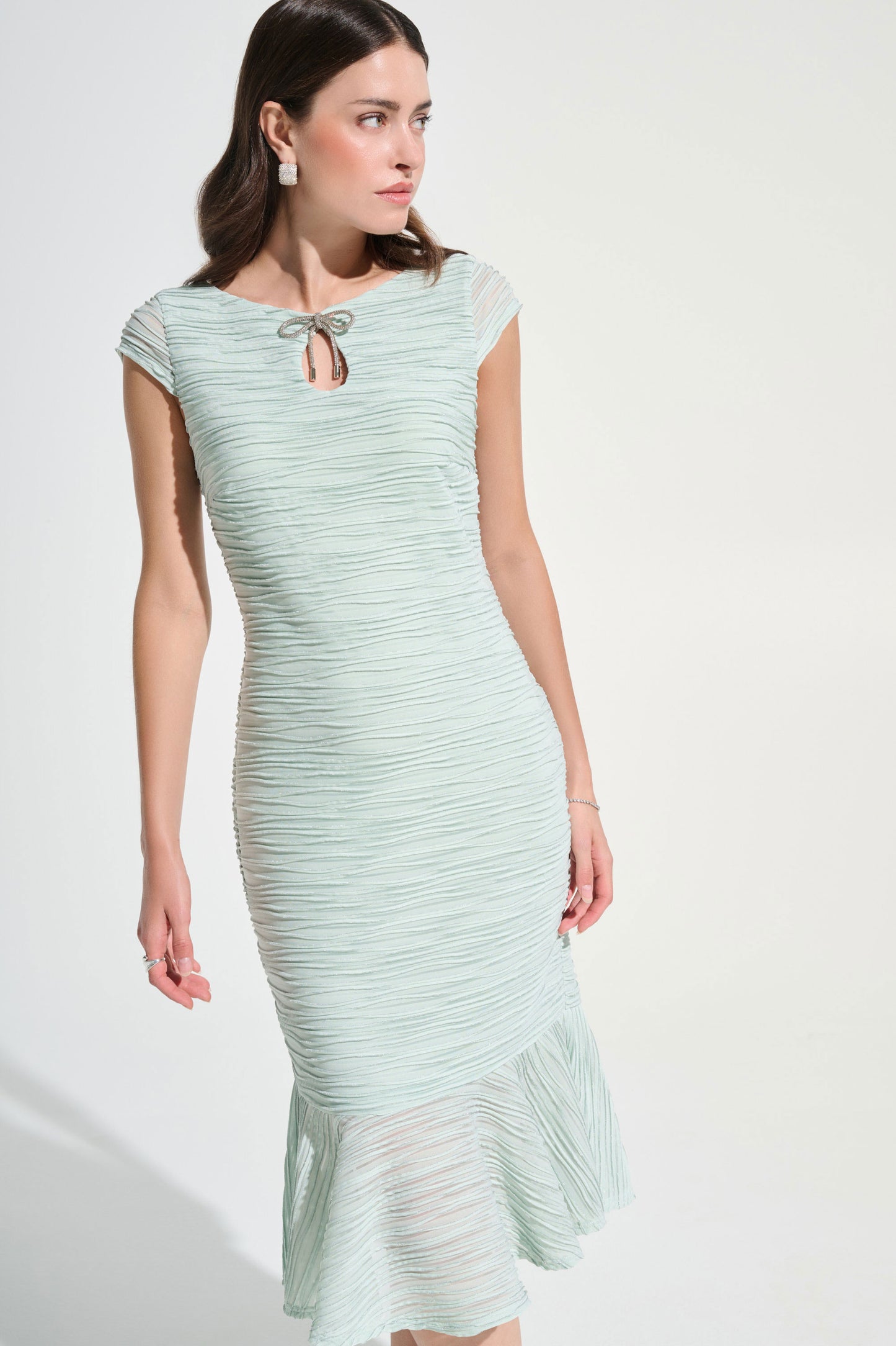 Joseph Ribkoff Lurex Cascade Flounce Dress With Rhinestone Bow Pistachio 262703-4526