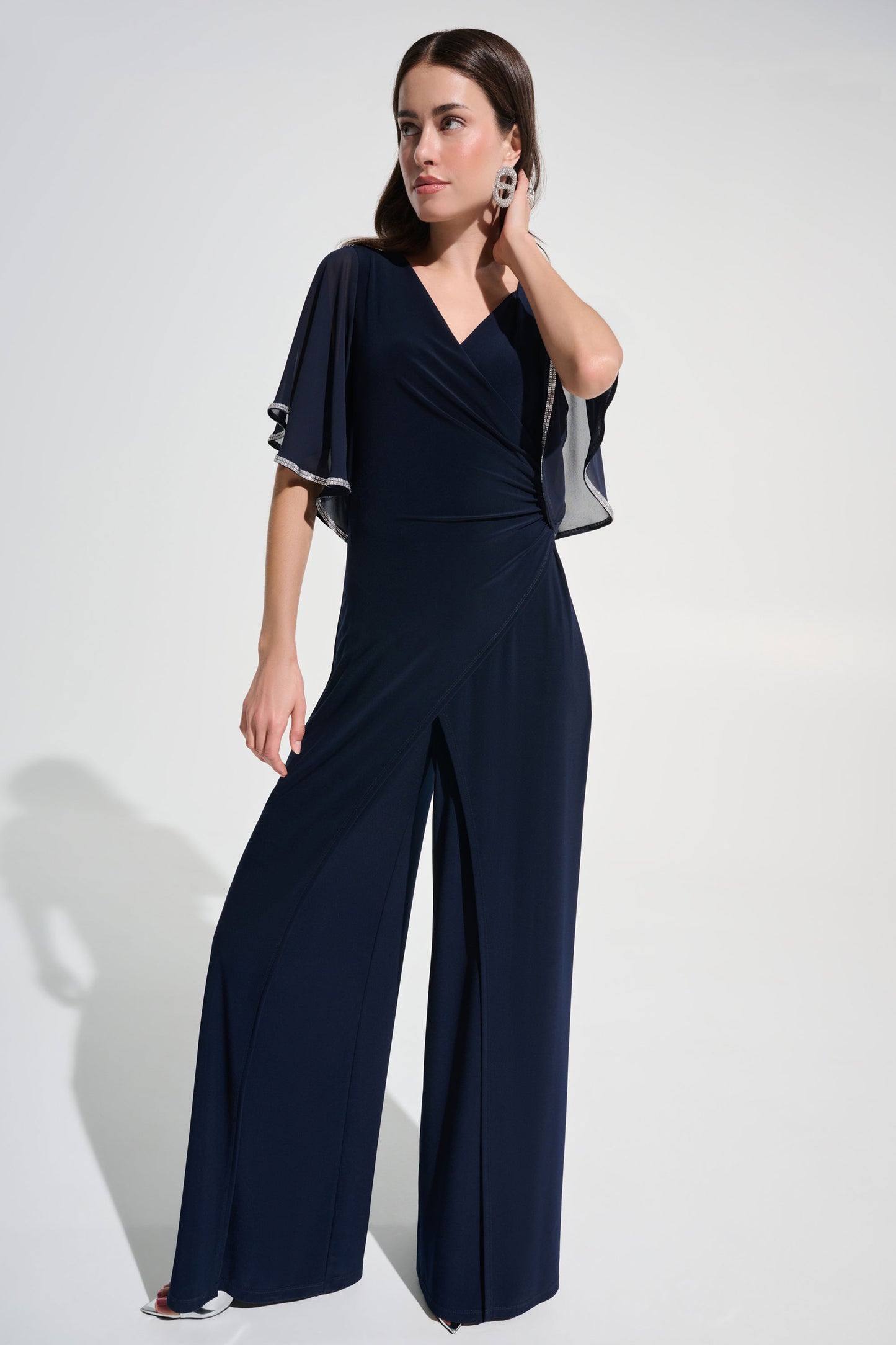 Joseph Ribkoff Silky Knit Wrap Wide Leg Jumpsuit With Rhinestone Trim Midnight Blue 262716-2166