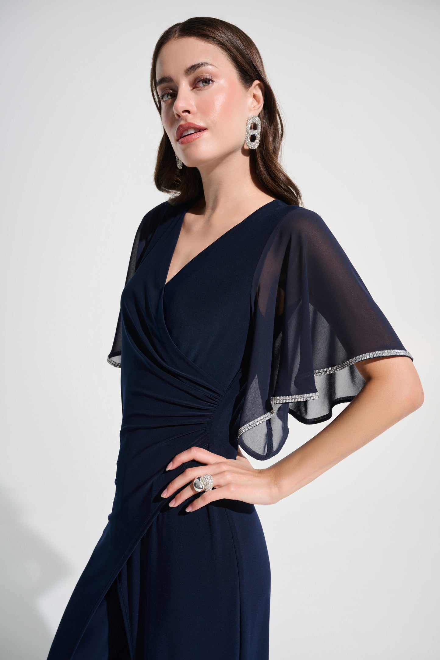 Joseph Ribkoff Silky Knit Wrap Wide Leg Jumpsuit With Rhinestone Trim Midnight Blue 262716-2166