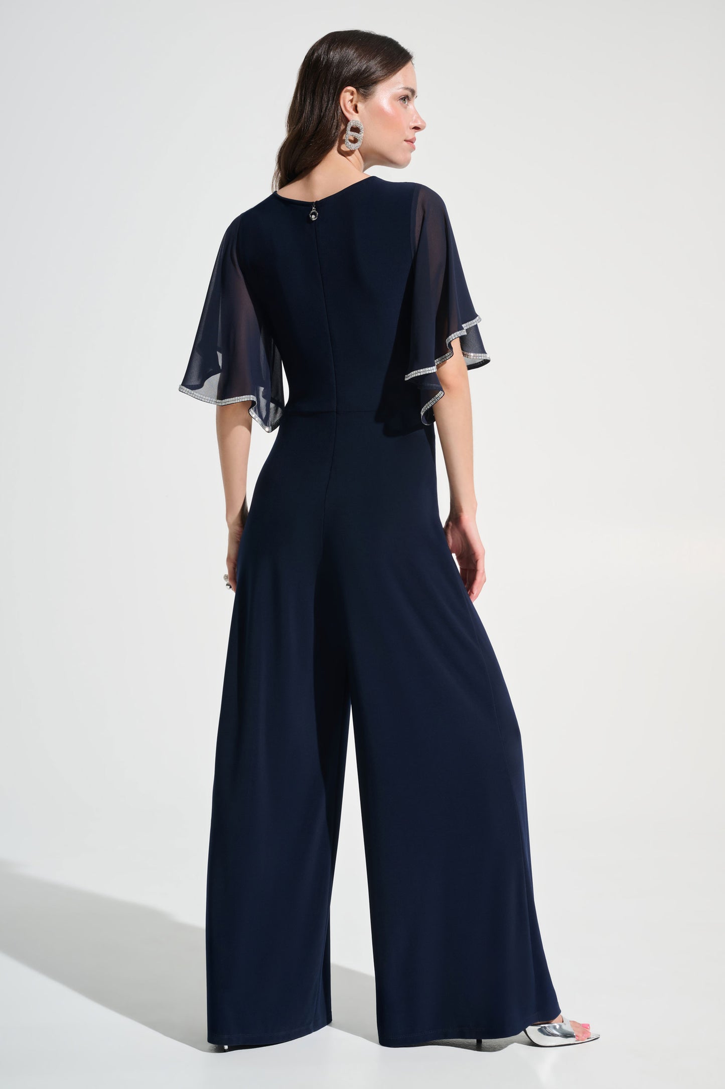 Joseph Ribkoff Silky Knit Wrap Wide Leg Jumpsuit With Rhinestone Trim Midnight Blue 262716-2166