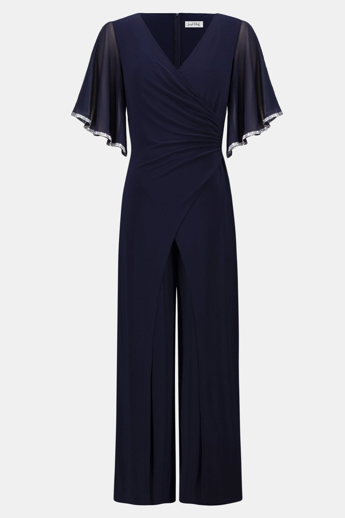 Joseph Ribkoff Silky Knit Wrap Wide Leg Jumpsuit With Rhinestone Trim Midnight Blue 262716-2166