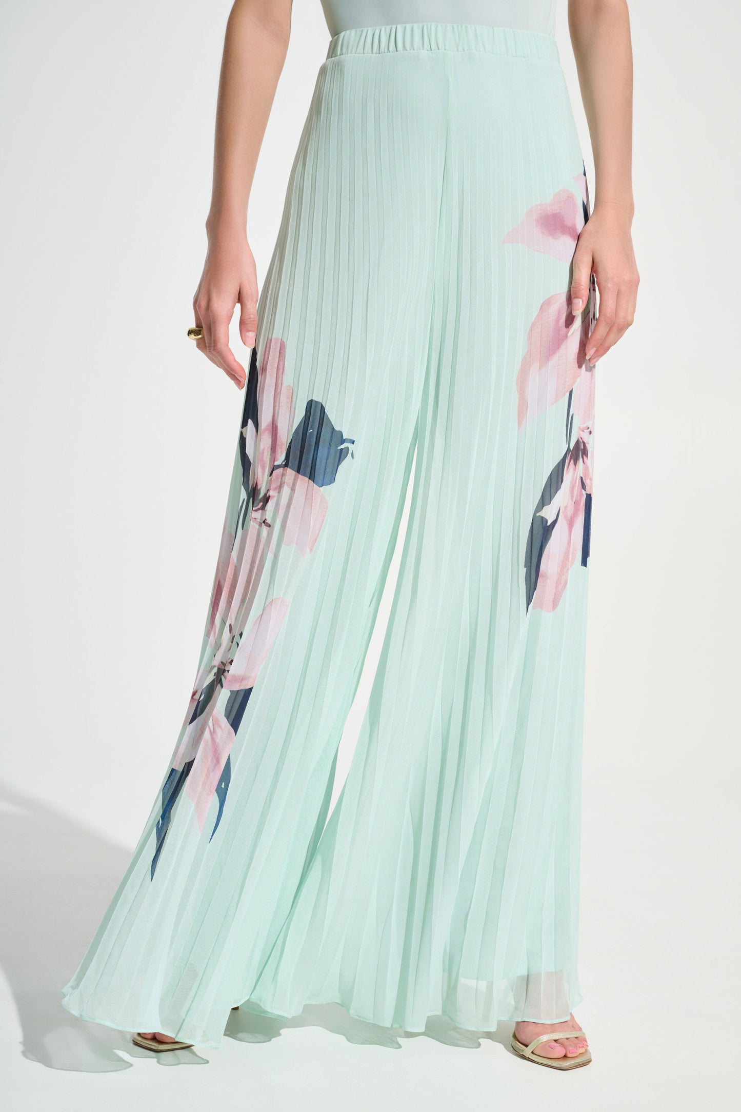 Joseph Ribkoff Chiffon Floral Print Pleated Wide Leg Pants and Poncho Set Green/Multi 262718/262724-684