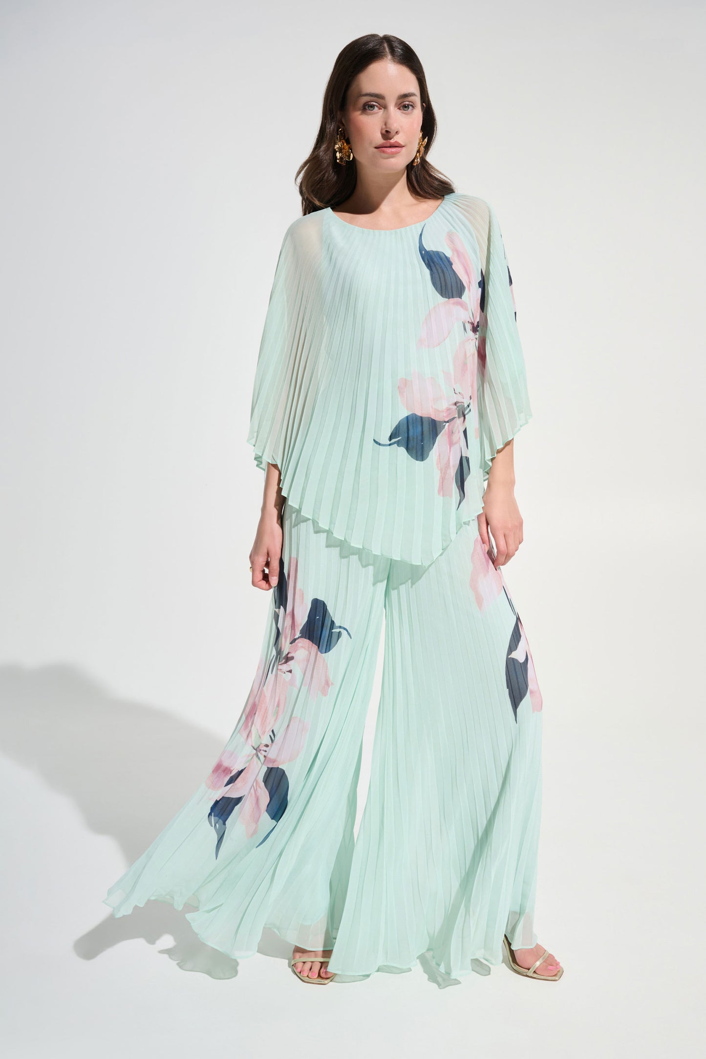 Joseph Ribkoff Chiffon Floral Print Pleated Wide Leg Pants and Poncho Set Green/Multi 262718/262724-684