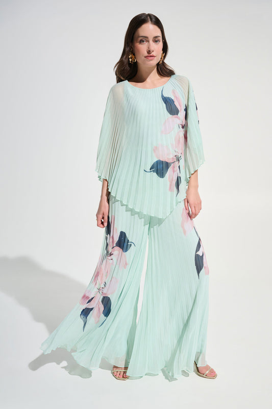 Joseph Ribkoff Chiffon Floral Print Pleated Wide Leg Pants and Poncho Set Green/Multi 262718/262724-684