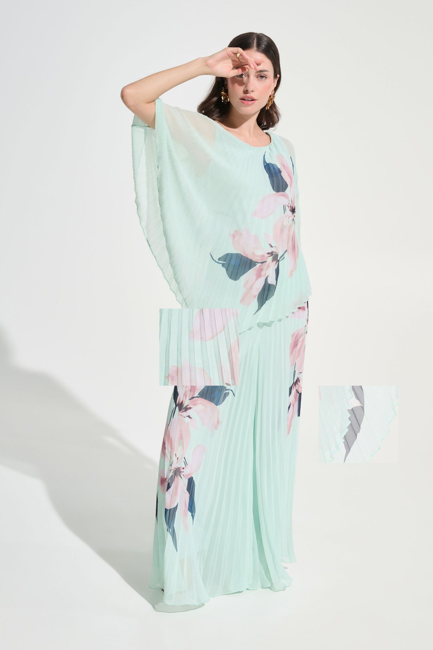 Joseph Ribkoff Chiffon Floral Print Pleated Wide Leg Pants and Poncho Set Green/Multi 262718/262724-684