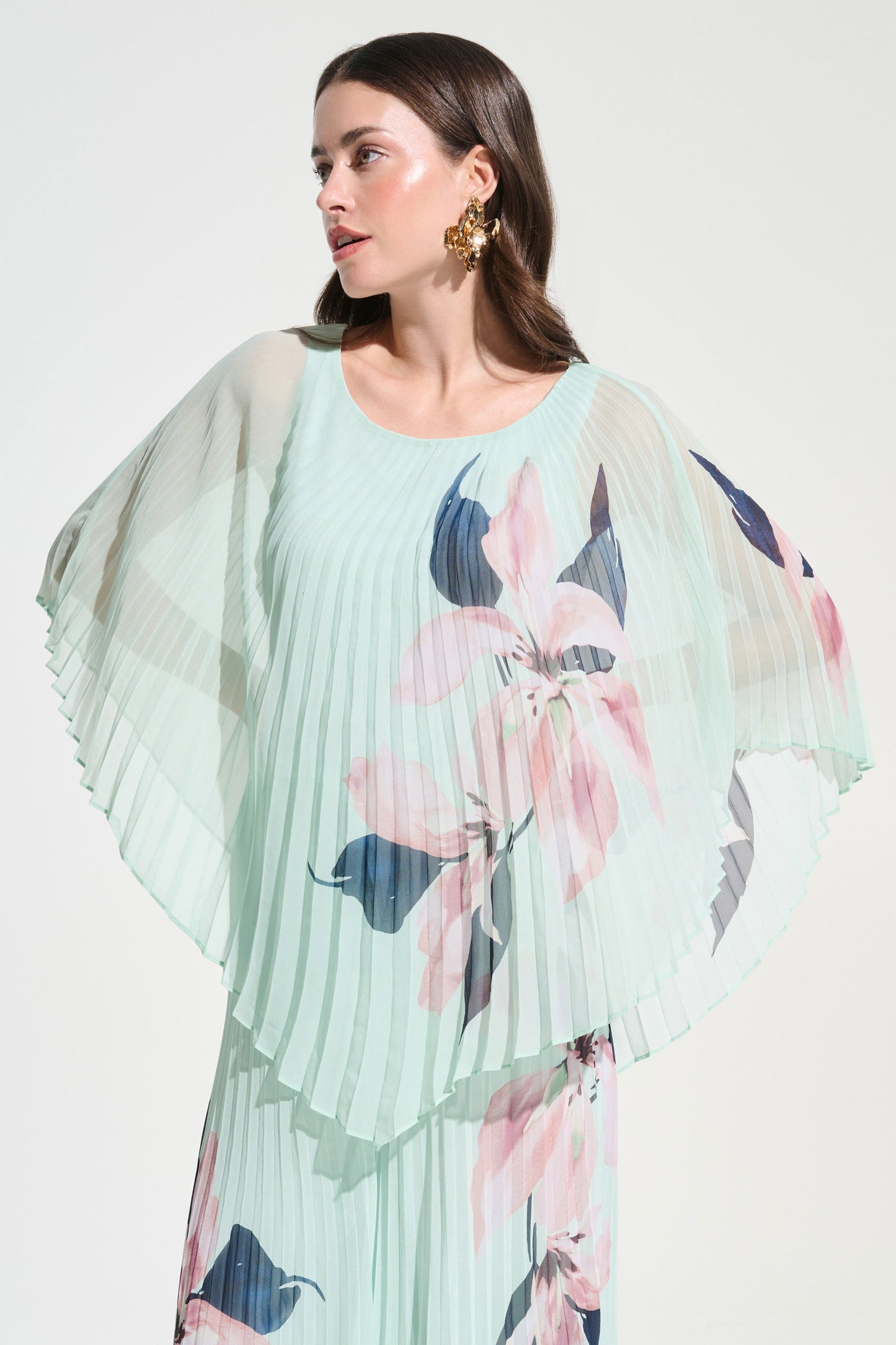 Joseph Ribkoff Chiffon Floral Print Pleated Wide Leg Pants and Poncho Set Green/Multi 262718/262724-684