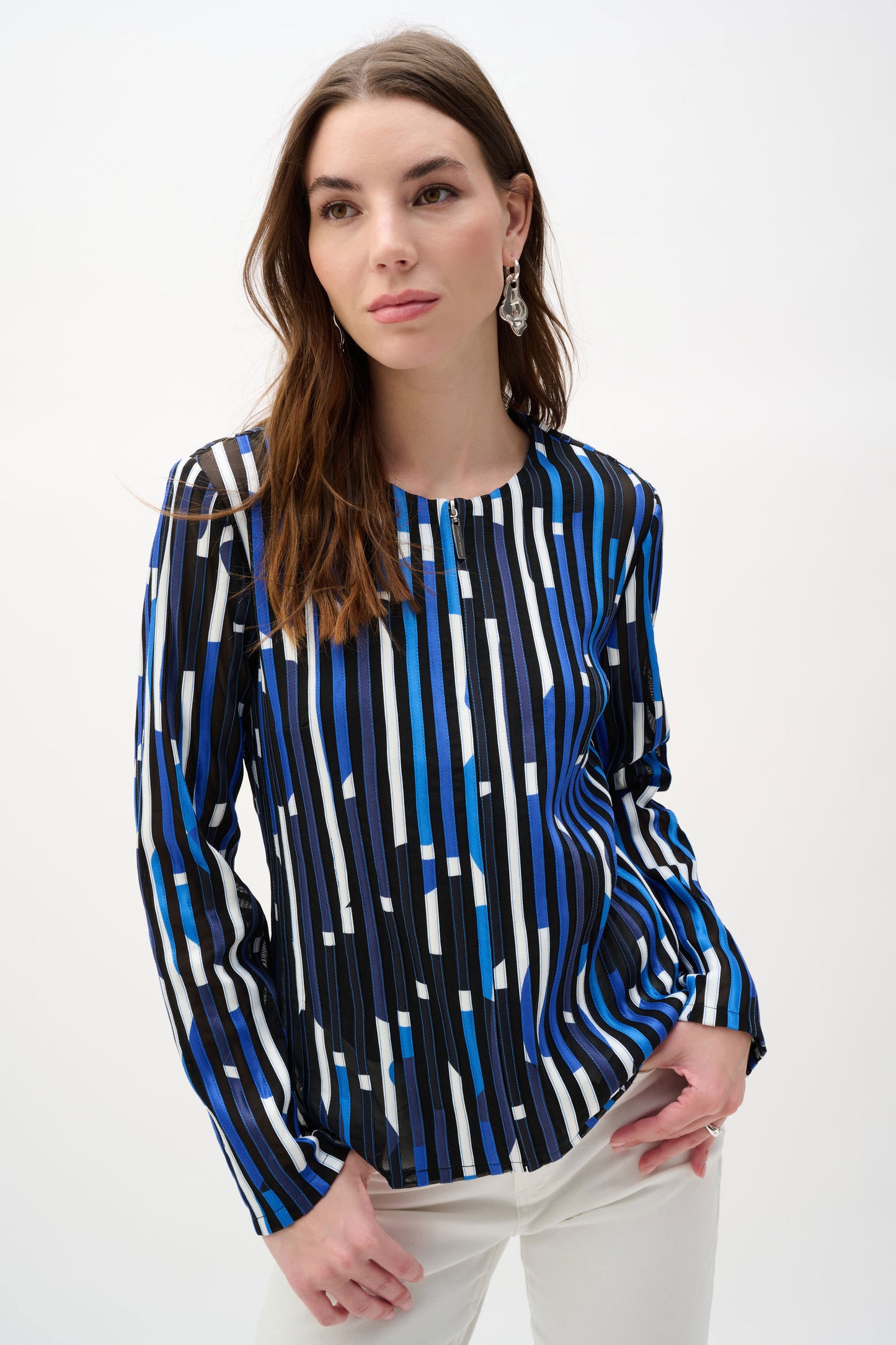 Joseph Ribkoff Mesh And Satin Geometric Print Fitted Jacket Black/Multi 262953-178