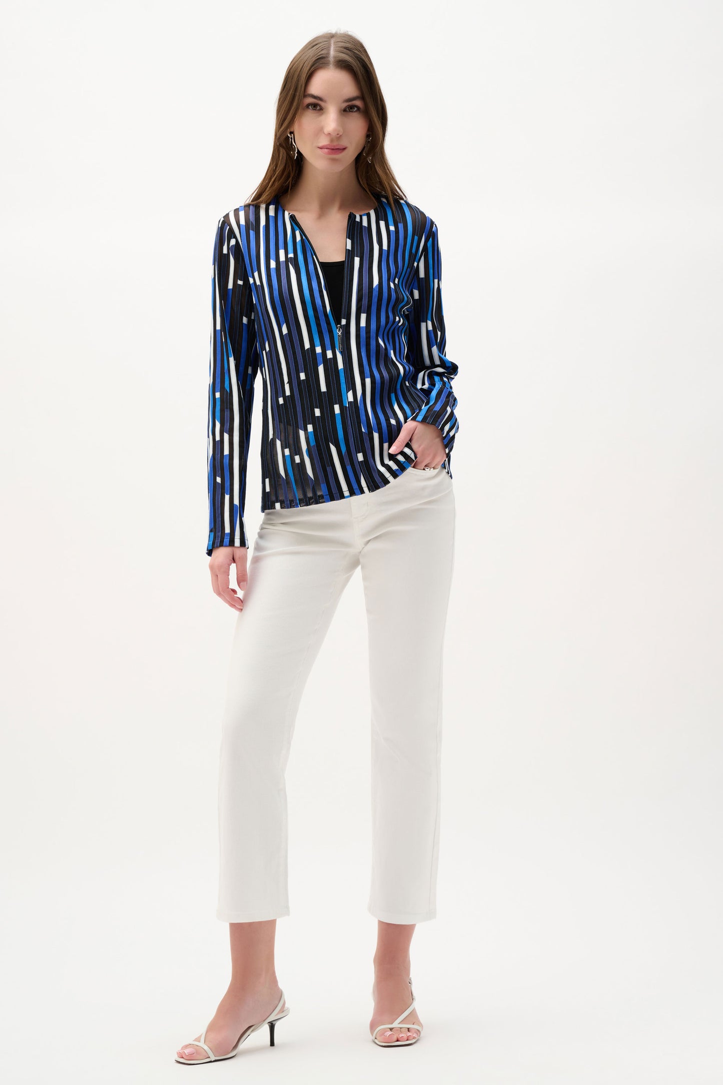 Joseph Ribkoff Mesh And Satin Geometric Print Fitted Jacket Black/Multi 262953-178