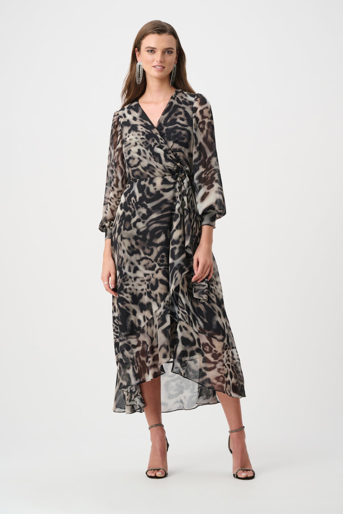 Joseph Ribkoff Chiffon Printed Fit and Flare Wrap Dress Grey/Multi 263739