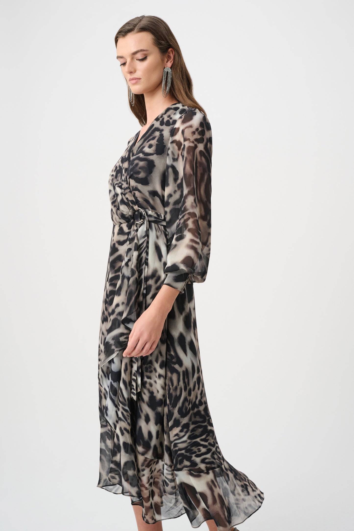 Joseph Ribkoff Chiffon Printed Fit and Flare Wrap Dress Grey/Multi 263739