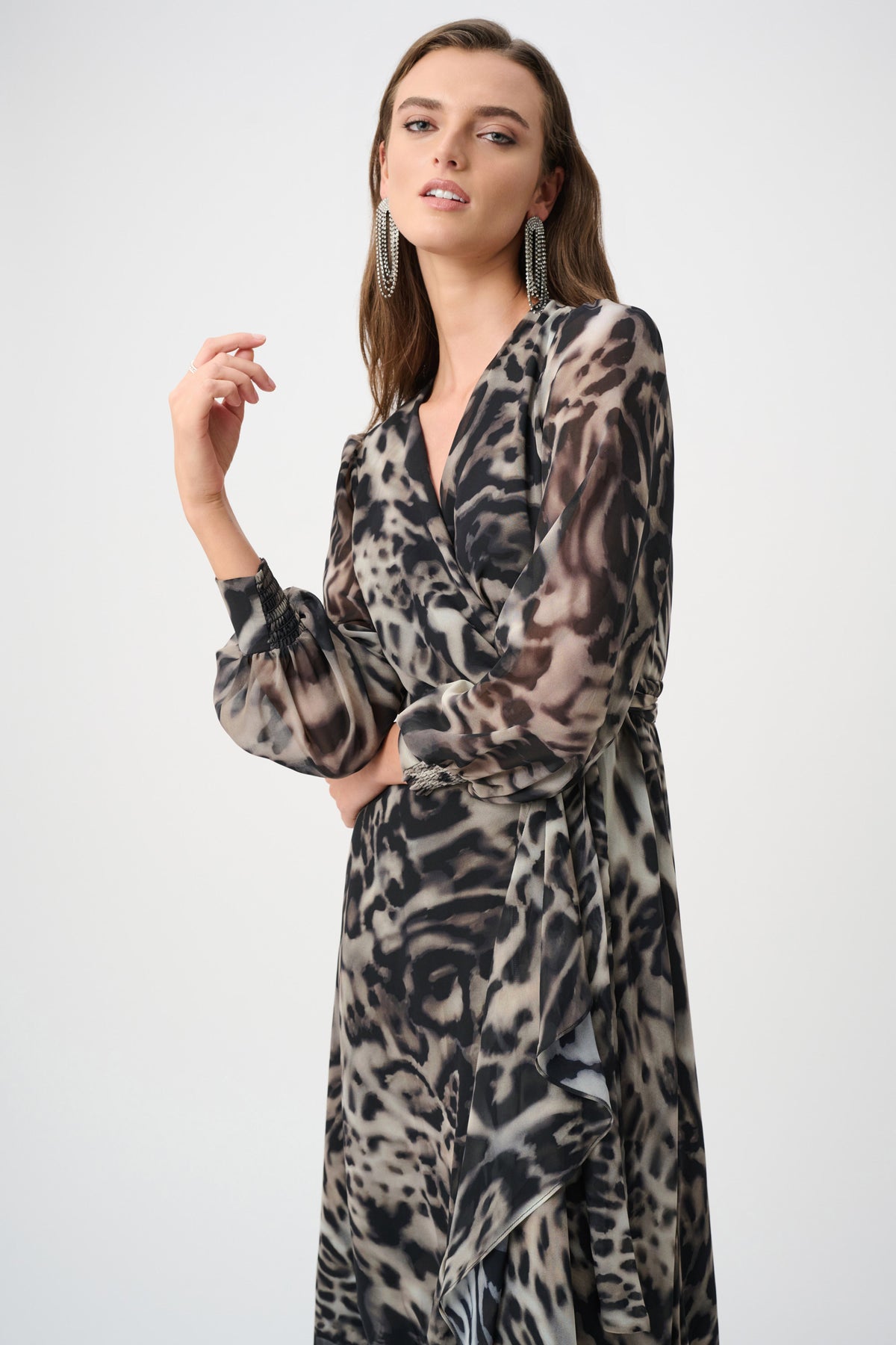 Joseph Ribkoff Chiffon Printed Fit and Flare Wrap Dress Grey/Multi 263739