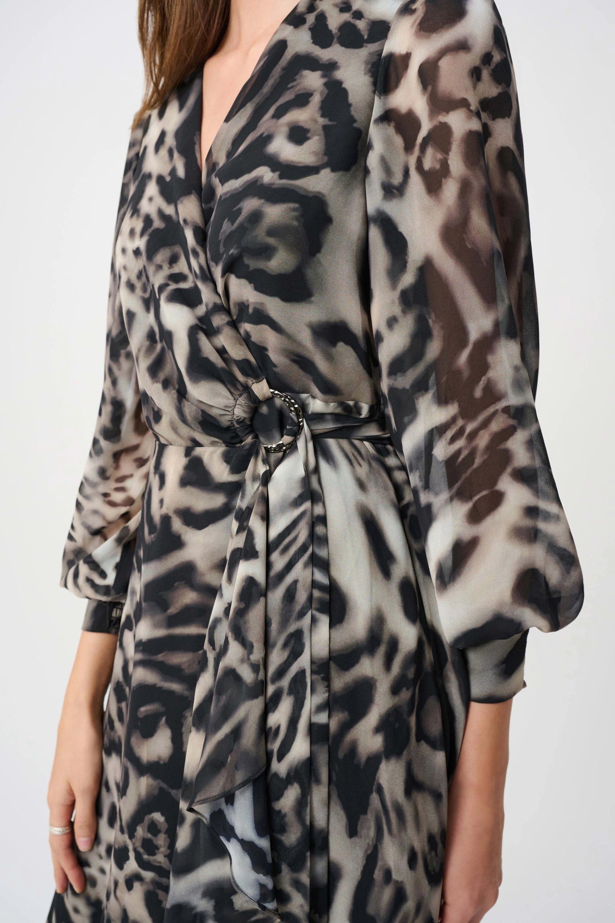 Joseph Ribkoff Chiffon Printed Fit and Flare Wrap Dress Grey/Multi 263739
