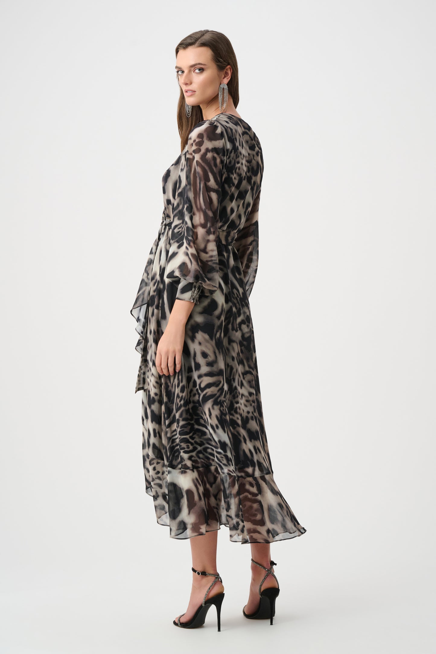 Joseph Ribkoff Chiffon Printed Fit and Flare Wrap Dress Grey/Multi 263739